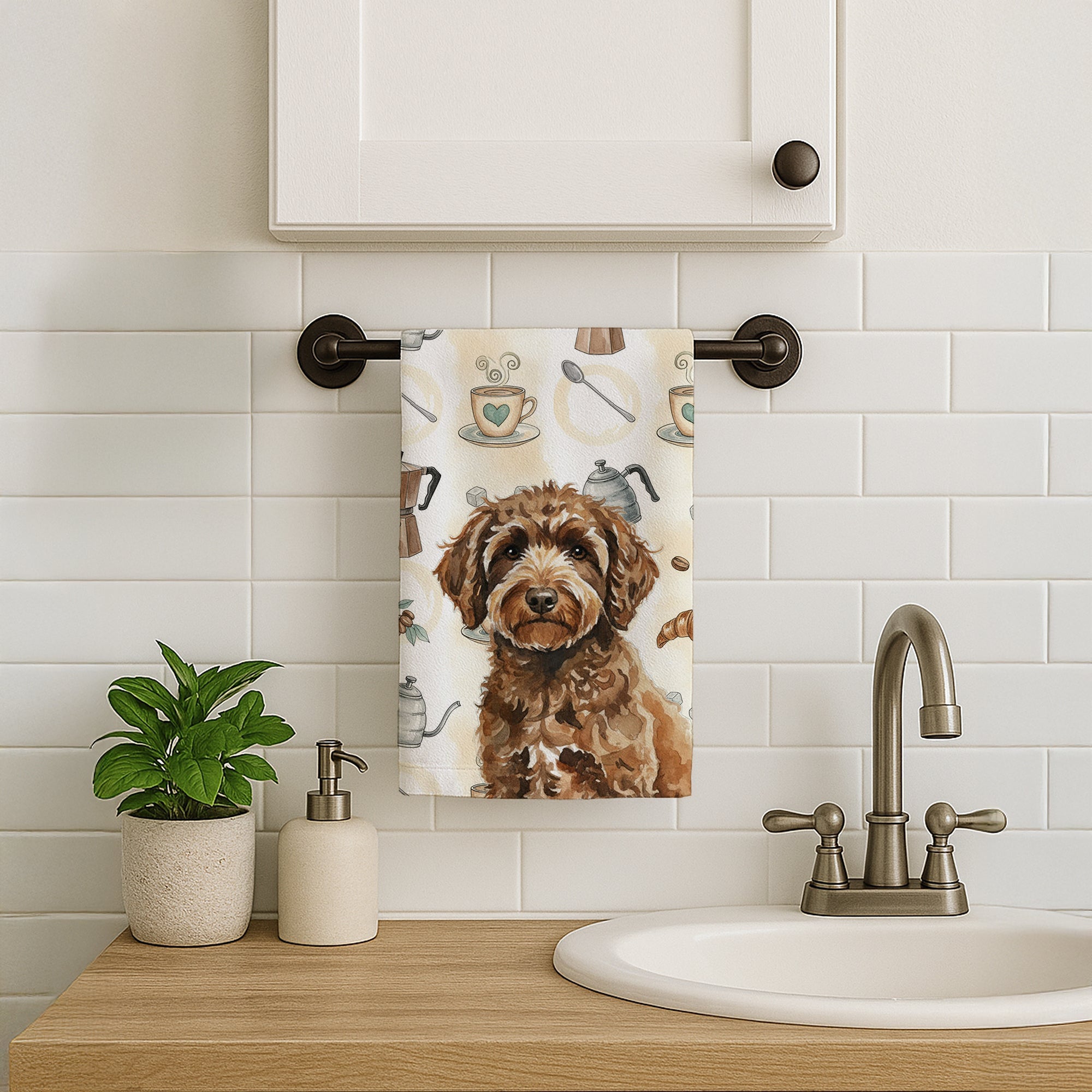 Spanish Water Dog Coffee Bar Kitchen Towel Velour Plush Front and Cotton Loop Back Machine Washable