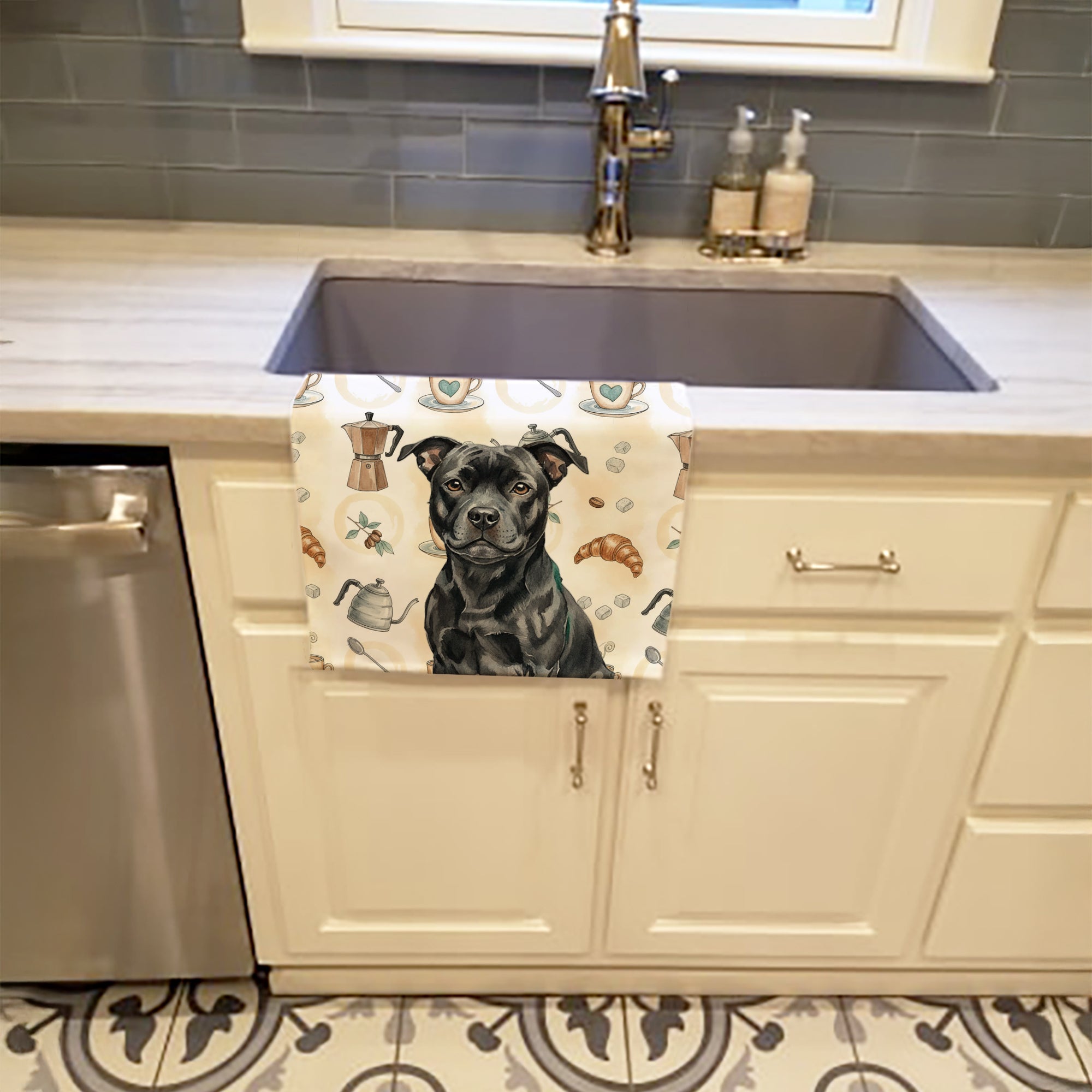 Black Staffordshire Bull Terrier Coffee Bar Kitchen Towel Velour Plush Front and Cotton Loop Back Machine Washable