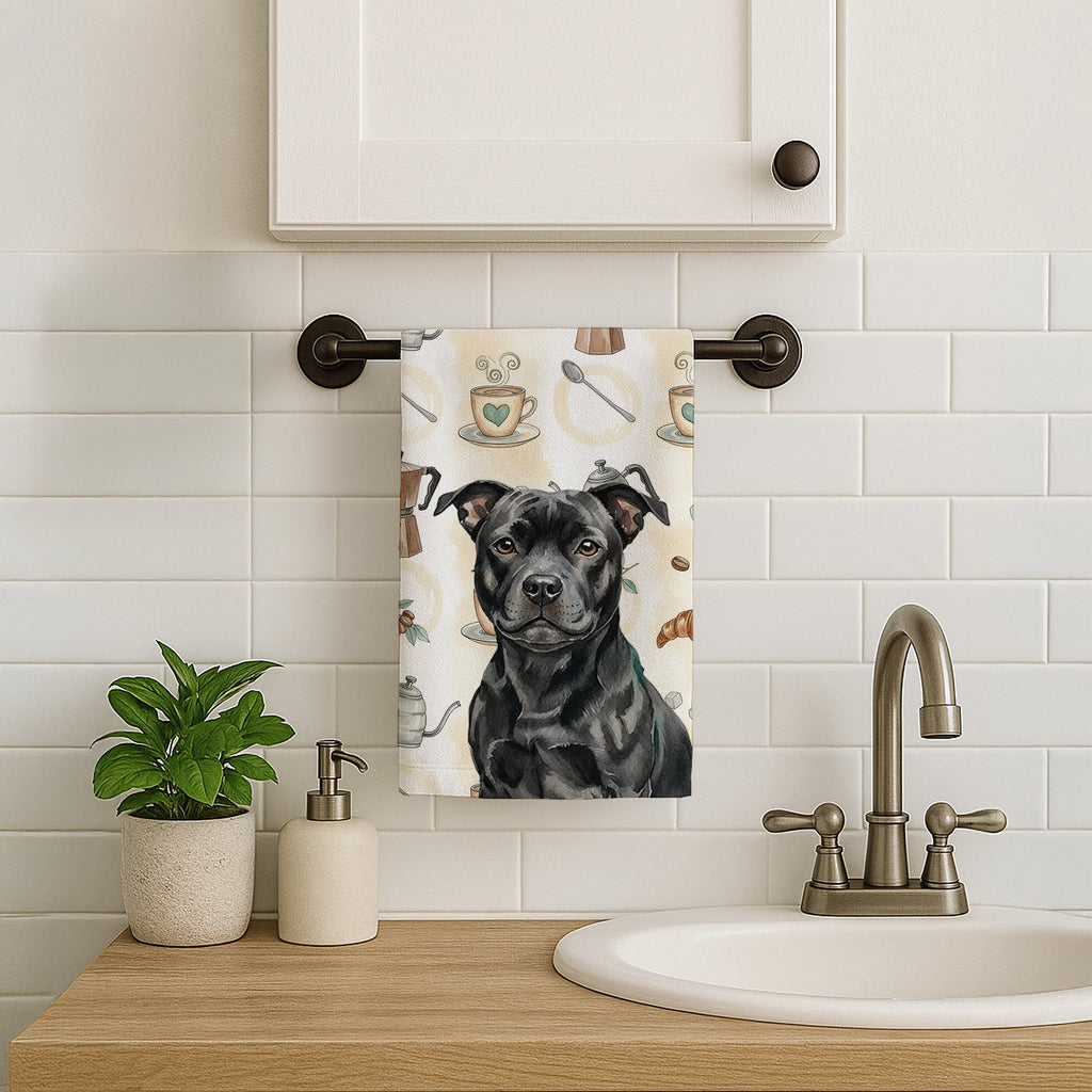 Black Staffordshire Bull Terrier Coffee Bar Kitchen Towel Velour Plush Front and Cotton Loop Back Machine Washable