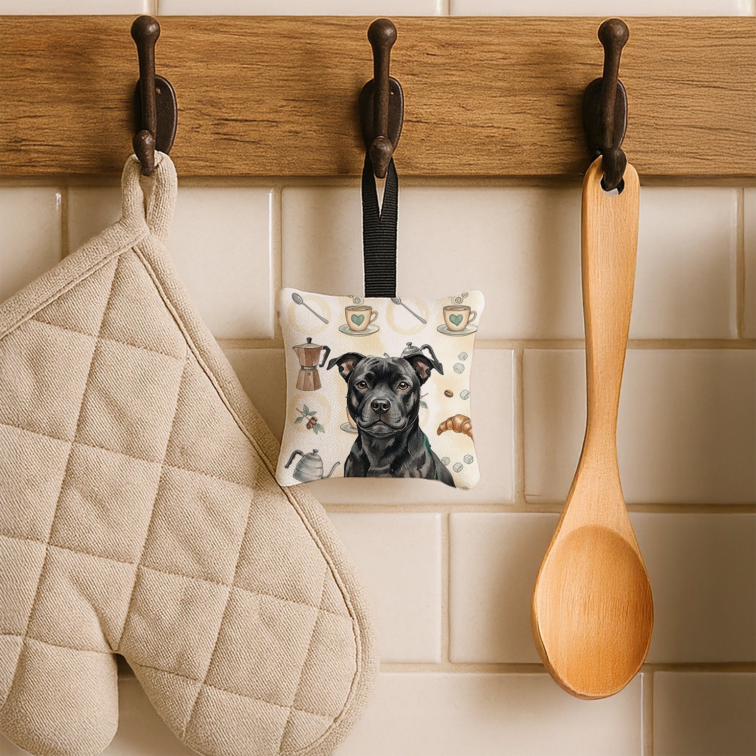 Black Staffordshire Bull Terrier Coffee Bar Hanging Square Fabric Ornament 3.5 � 3.5 Decorative Door-Knob & Tree Hanger, Soft Fabric