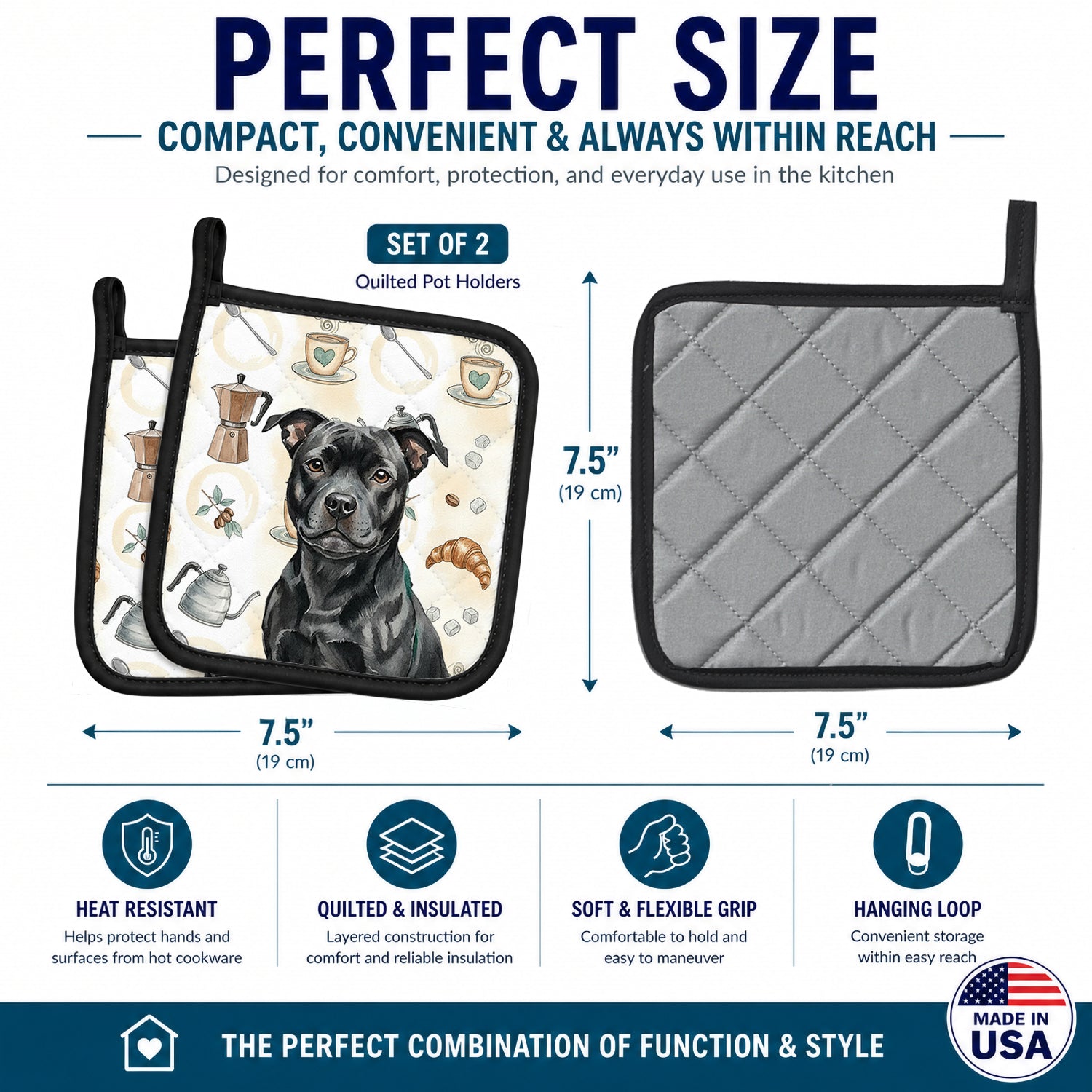 Black Staffordshire Bull Terrier Coffee Bar Pot Holder Set of 2 Heat Resistant Quilted Hot Pads 7.5 x 7.5 Inch, Insulated Kitchen Trivets for Cooking & Baking