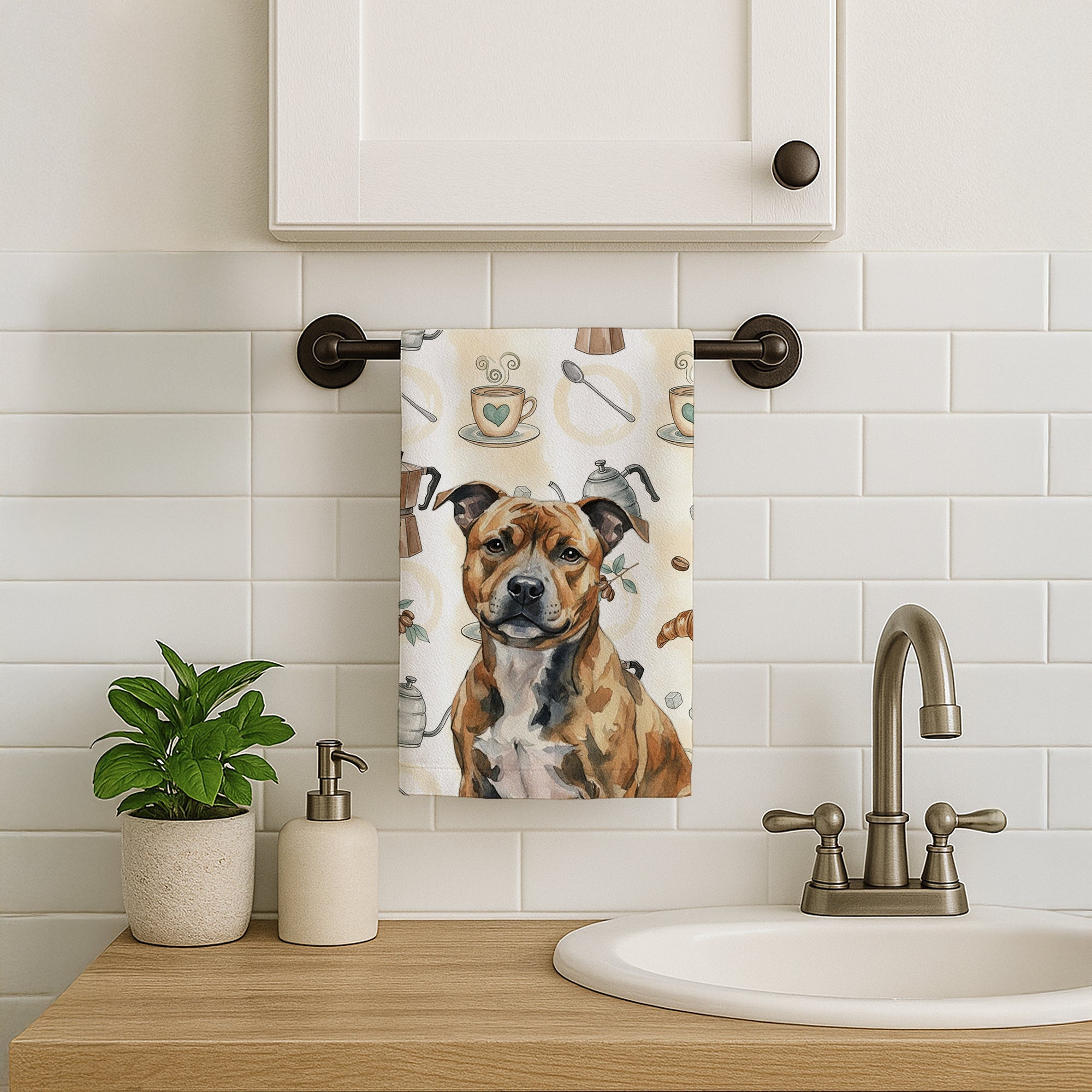 Brindle Staffordshire Bull Terrier Coffee Bar Kitchen Towel Velour Plush Front and Cotton Loop Back Machine Washable