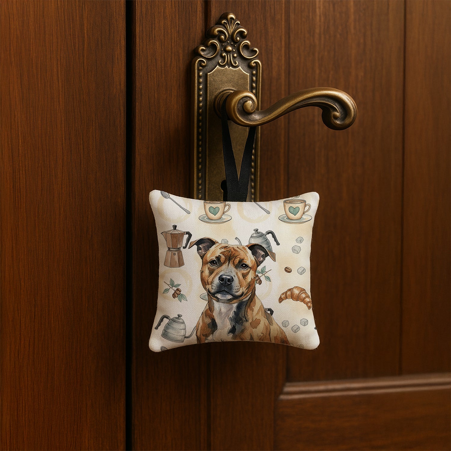 Brindle Staffordshire Bull Terrier Coffee Bar Hanging Square Fabric Ornament 3.5 � 3.5 Decorative Door-Knob & Tree Hanger, Soft Fabric