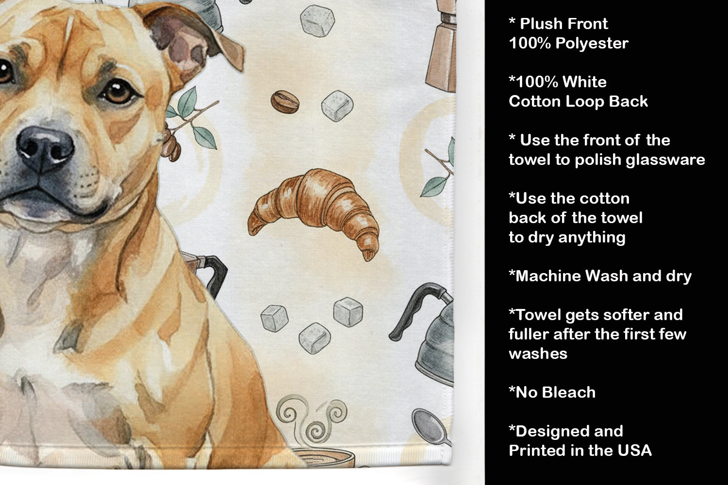 Fawn Staffordshire Bull Terrier Coffee Bar Kitchen Towel Velour Plush Front and Cotton Loop Back Machine Washable