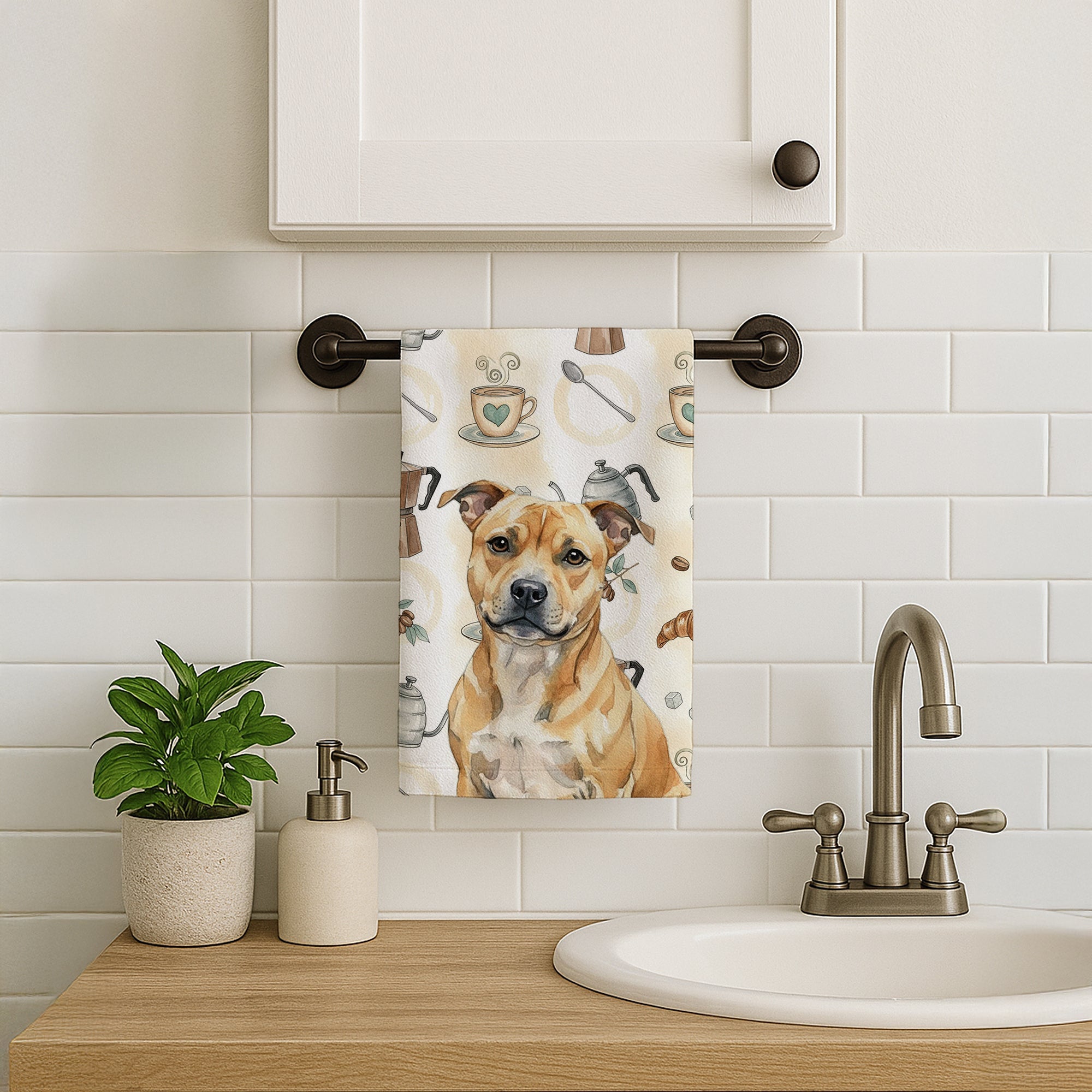Fawn Staffordshire Bull Terrier Coffee Bar Kitchen Towel Velour Plush Front and Cotton Loop Back Machine Washable