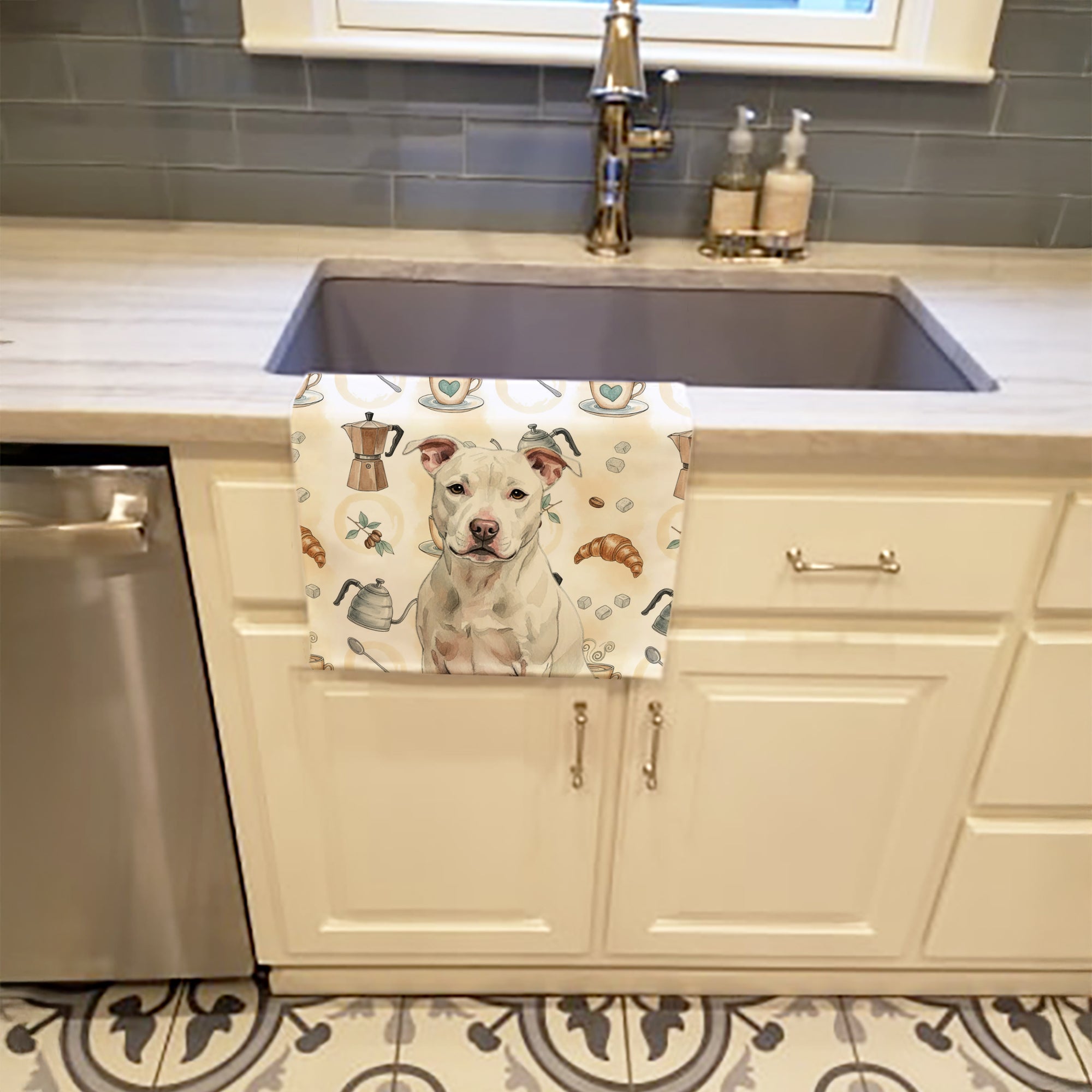White Staffordshire Bull Terrier Coffee Bar Kitchen Towel Velour Plush Front and Cotton Loop Back Machine Washable