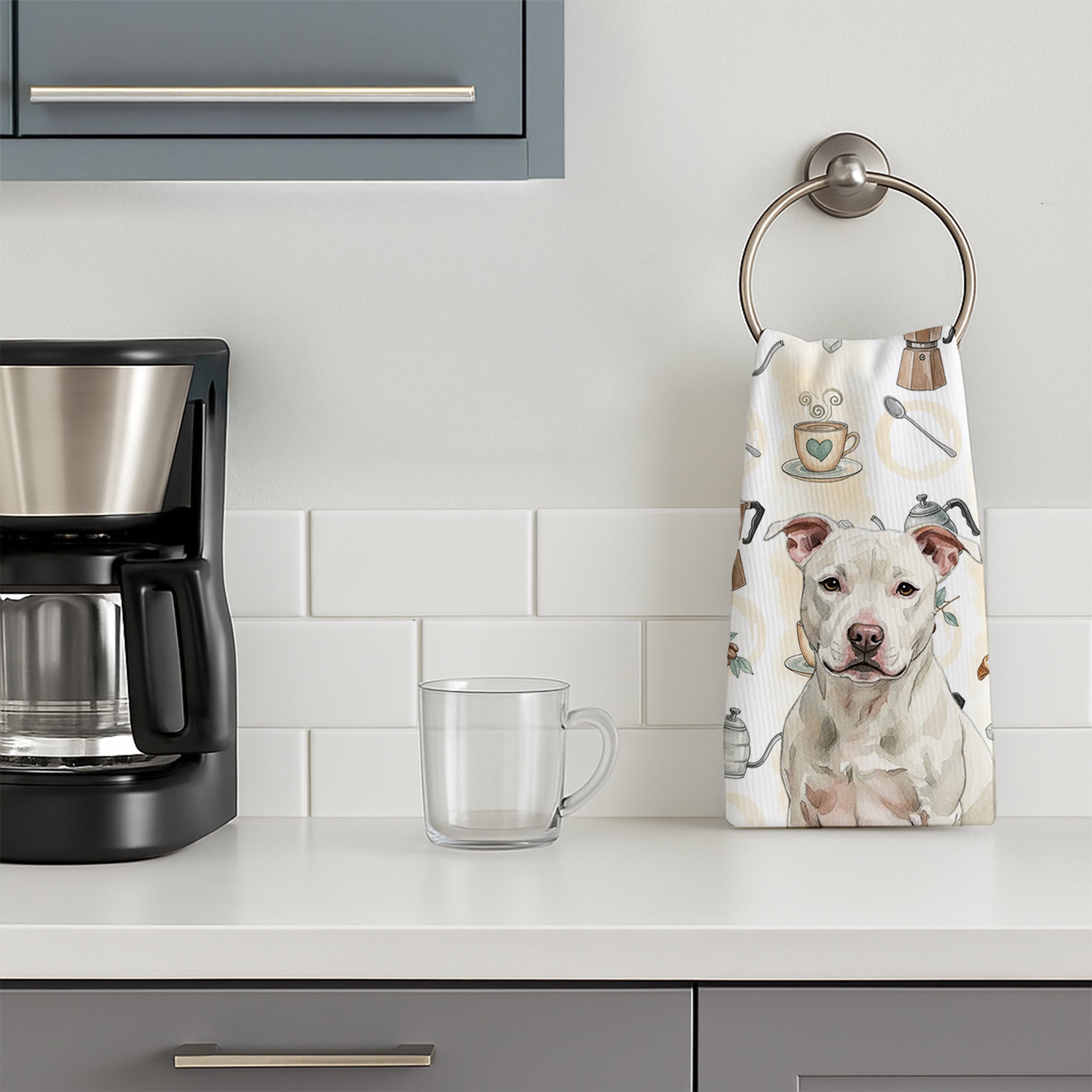 White Staffordshire Bull Terrier Coffee Bar Kitchen Towel Velour Plush Front and Cotton Loop Back Machine Washable