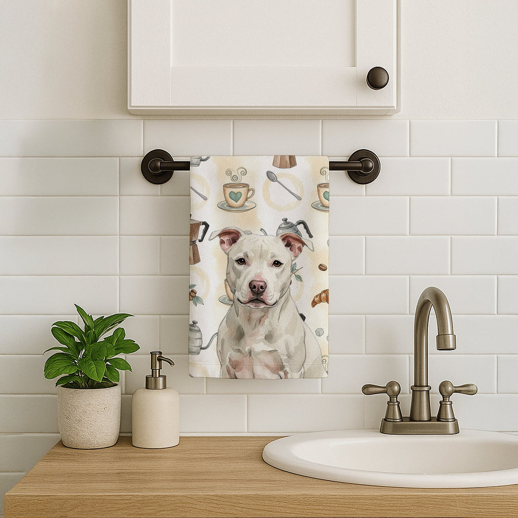 White Staffordshire Bull Terrier Coffee Bar Kitchen Towel Velour Plush Front and Cotton Loop Back Machine Washable