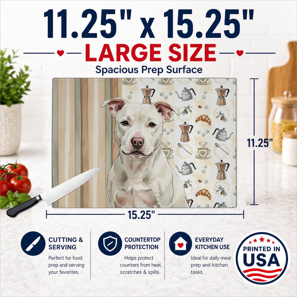 White Staffordshire Bull Terrier Coffee Bar Cutting Board Tempered Glass Kitchen Cutting Surface, Heat Resistant Chopping, Non-Slip Feet, Food Prep & Serving