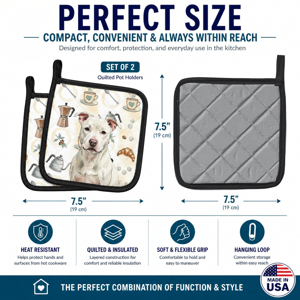 White Staffordshire Bull Terrier Coffee Bar Pot Holder Set of 2 Heat Resistant Quilted Hot Pads 7.5 x 7.5 Inch, Insulated Kitchen Trivets for Cooking & Baking