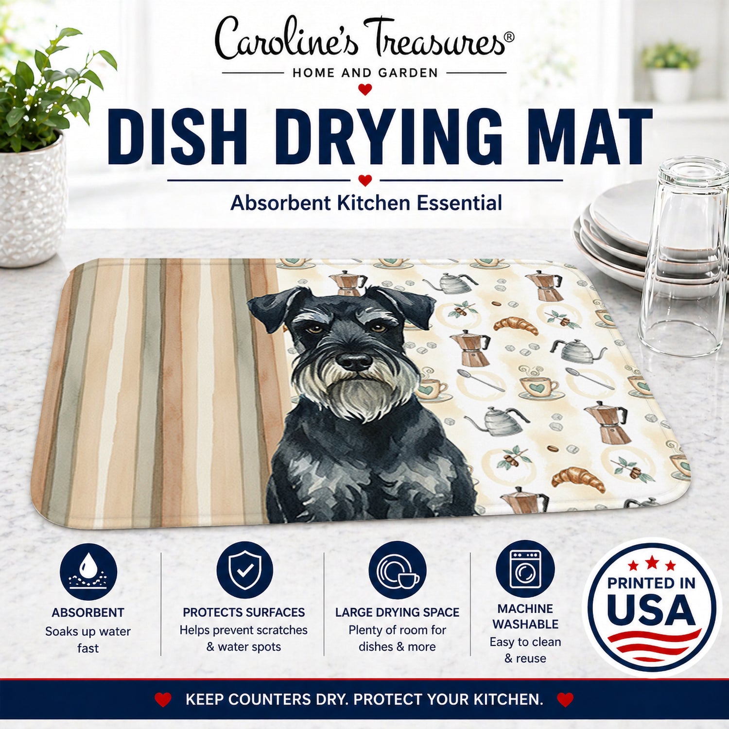 Standard Schnauzer Coffee Bar Dish Drying Mat Absorbent Dish Drying Mat Pad for Kitchen Counter Dish Drainer Mat for Countertop, 14 x 21", Multicolor