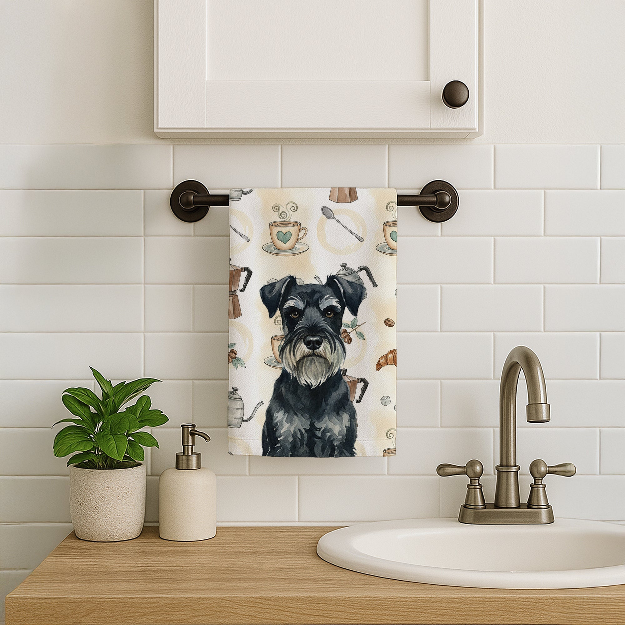 Standard Schnauzer Coffee Bar Kitchen Towel Velour Plush Front and Cotton Loop Back Machine Washable