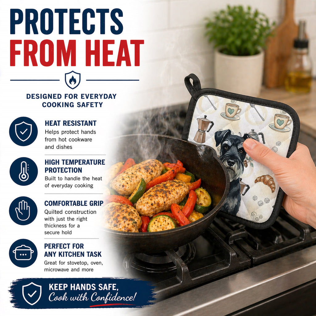 Standard Schnauzer Coffee Bar Pot Holder Set of 2 Heat Resistant Quilted Hot Pads 7.5 x 7.5 Inch, Insulated Kitchen Trivets for Cooking & Baking