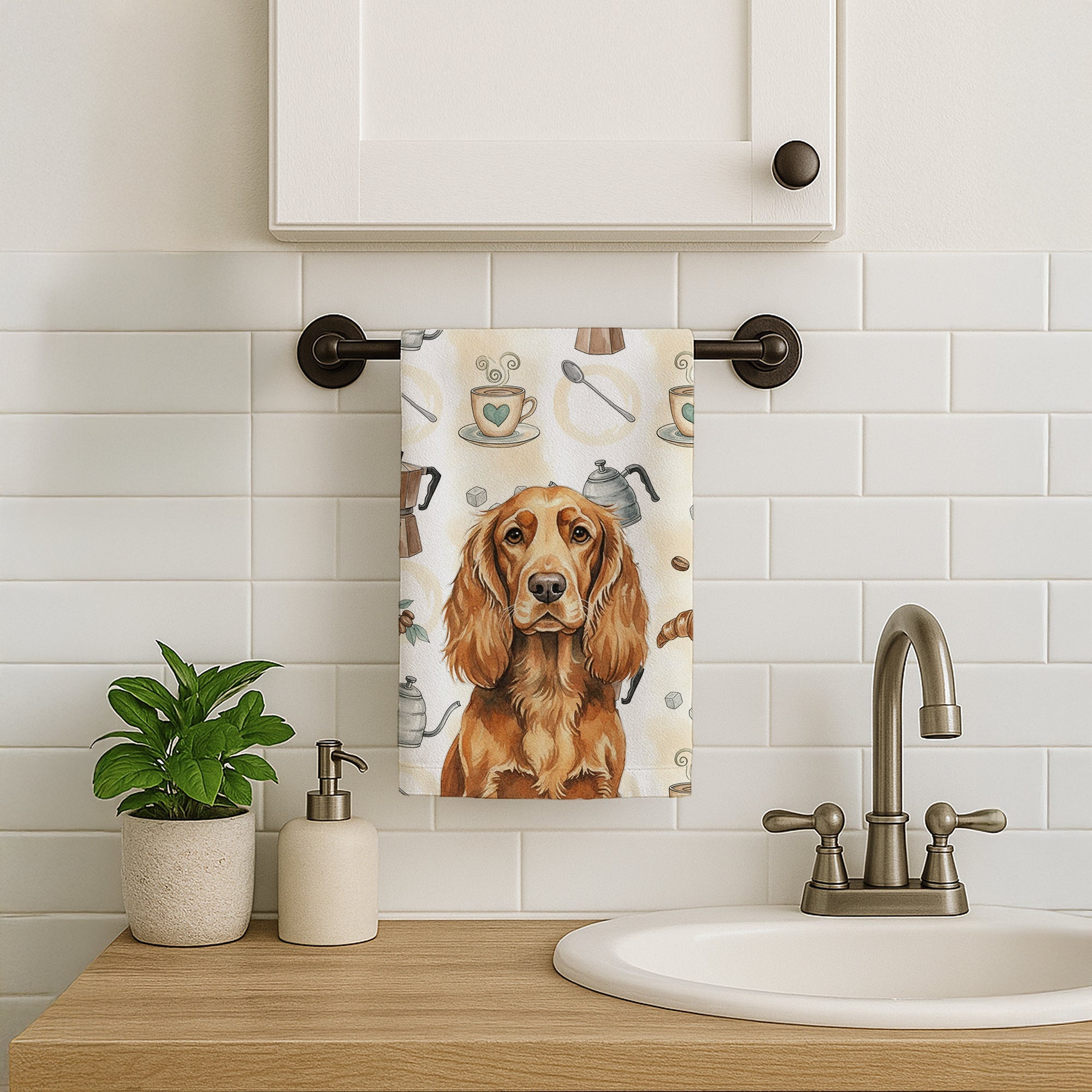 Sussex Spaniel Coffee Bar Kitchen Towel Velour Plush Front and Cotton Loop Back Machine Washable
