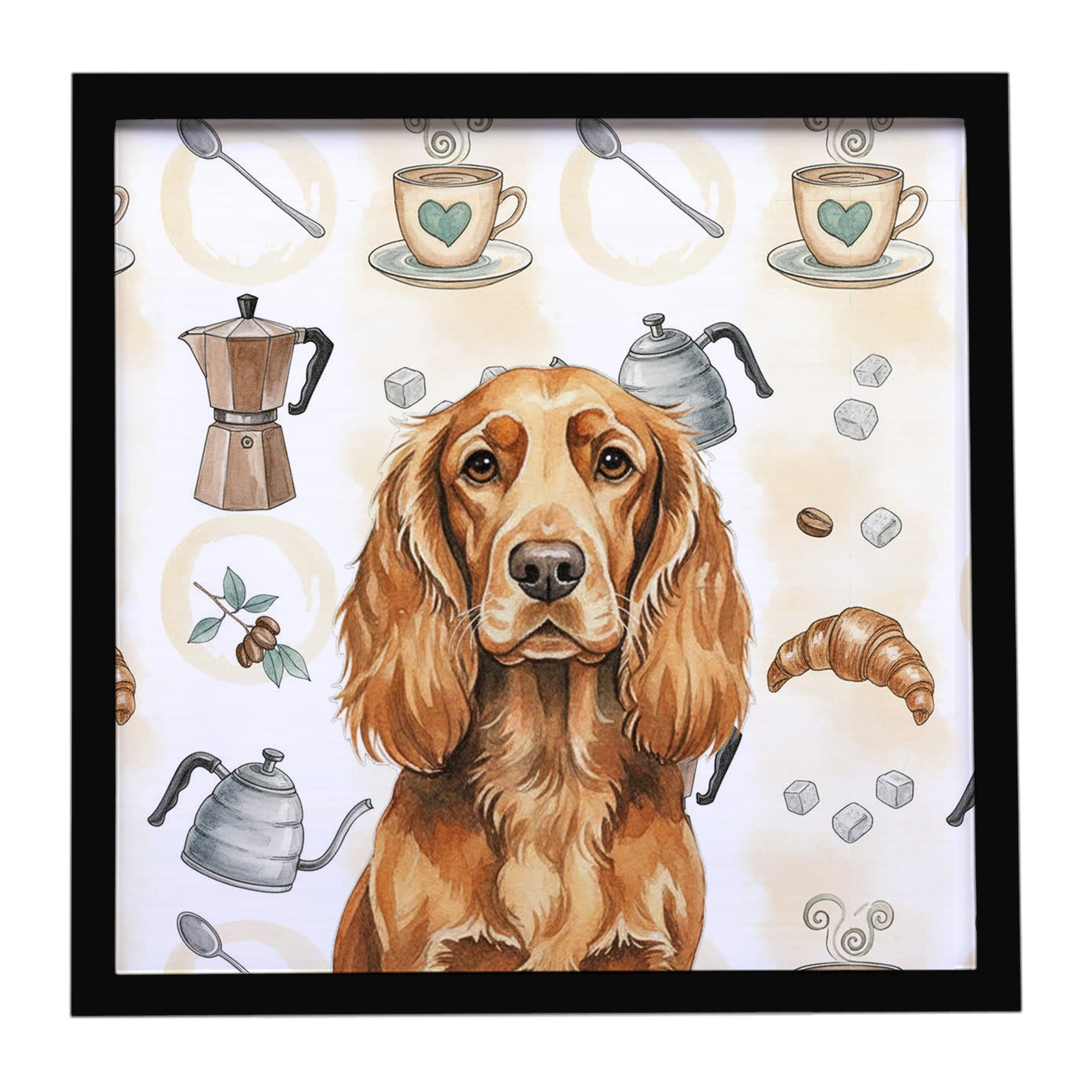 Sussex Spaniel Coffee Bar Framed Metal Print Bathroom, Kitchen, Office, Home Decor Wall Art Ready to Hang, Square, 8X8