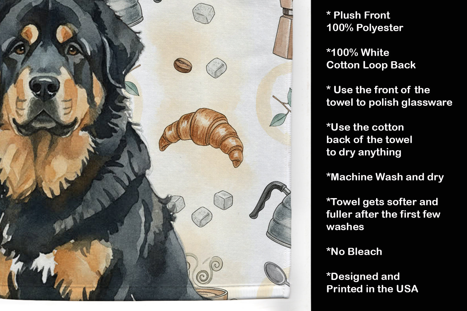 Black and Tan Tibetan Mastiff Coffee Bar Kitchen Towel Velour Plush Front and Cotton Loop Back Machine Washable