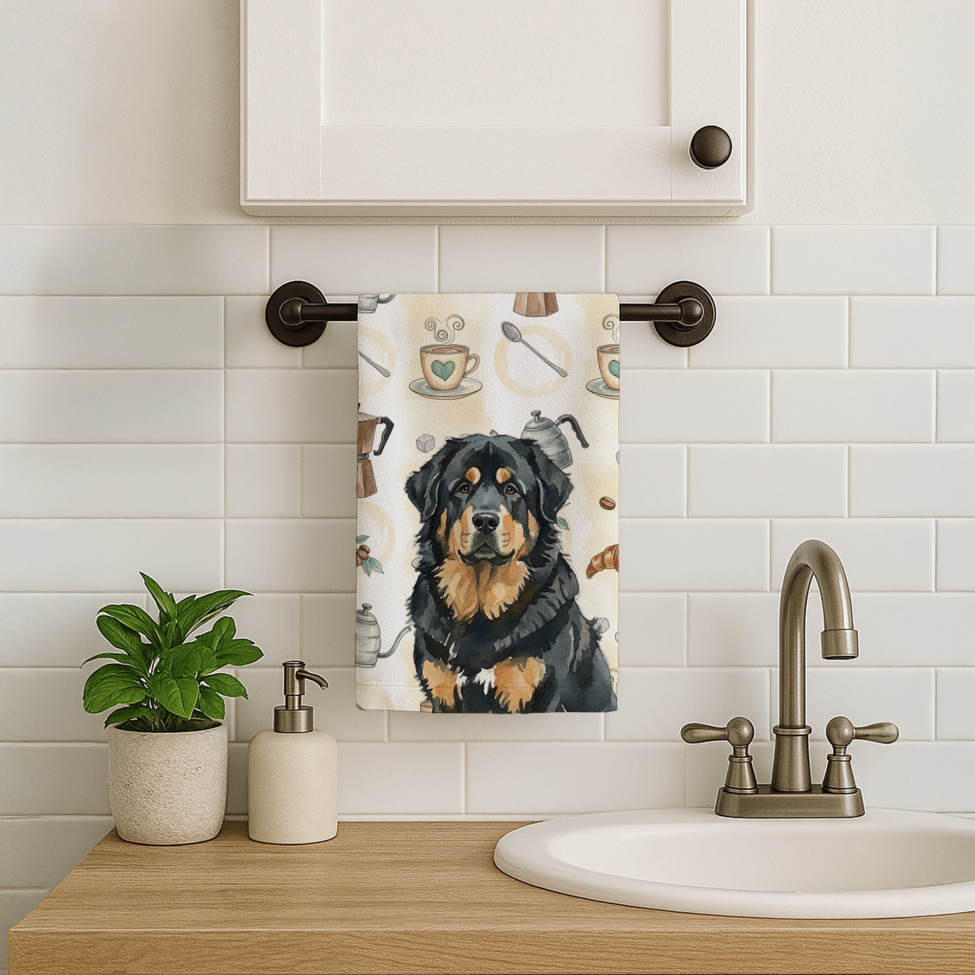 Black and Tan Tibetan Mastiff Coffee Bar Kitchen Towel Velour Plush Front and Cotton Loop Back Machine Washable