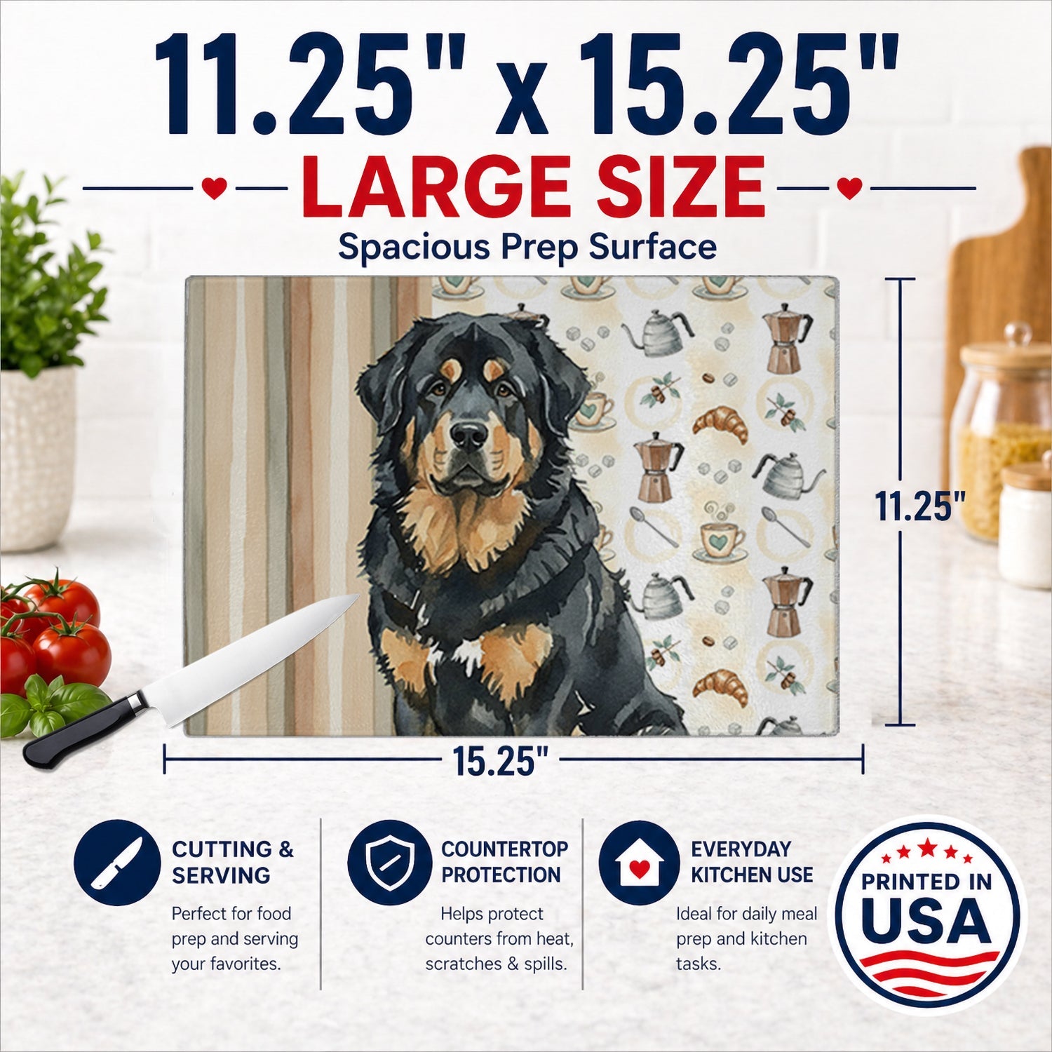 Black and Tan Tibetan Mastiff Coffee Bar Cutting Board Tempered Glass Kitchen Cutting Surface, Heat Resistant Chopping, Non-Slip Feet, Food Prep & Serving