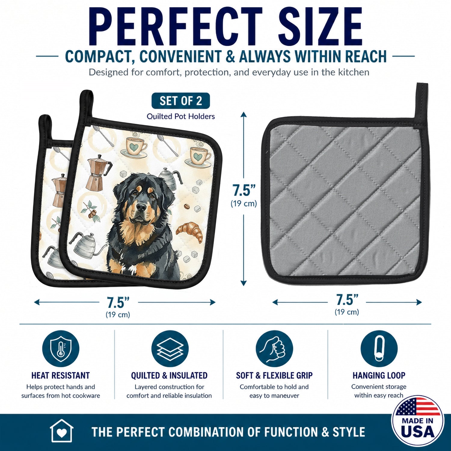 Black and Tan Tibetan Mastiff Coffee Bar Pot Holder Set of 2 Heat Resistant Quilted Hot Pads 7.5 x 7.5 Inch, Insulated Kitchen Trivets for Cooking & Baking