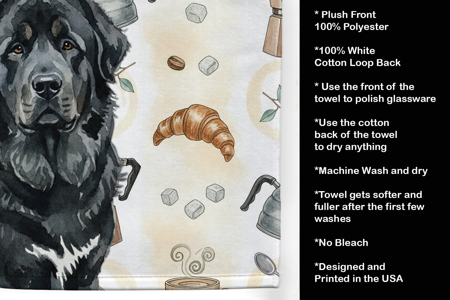 Black Tibetan Mastiff Coffee Bar Kitchen Towel Velour Plush Front and Cotton Loop Back Machine Washable