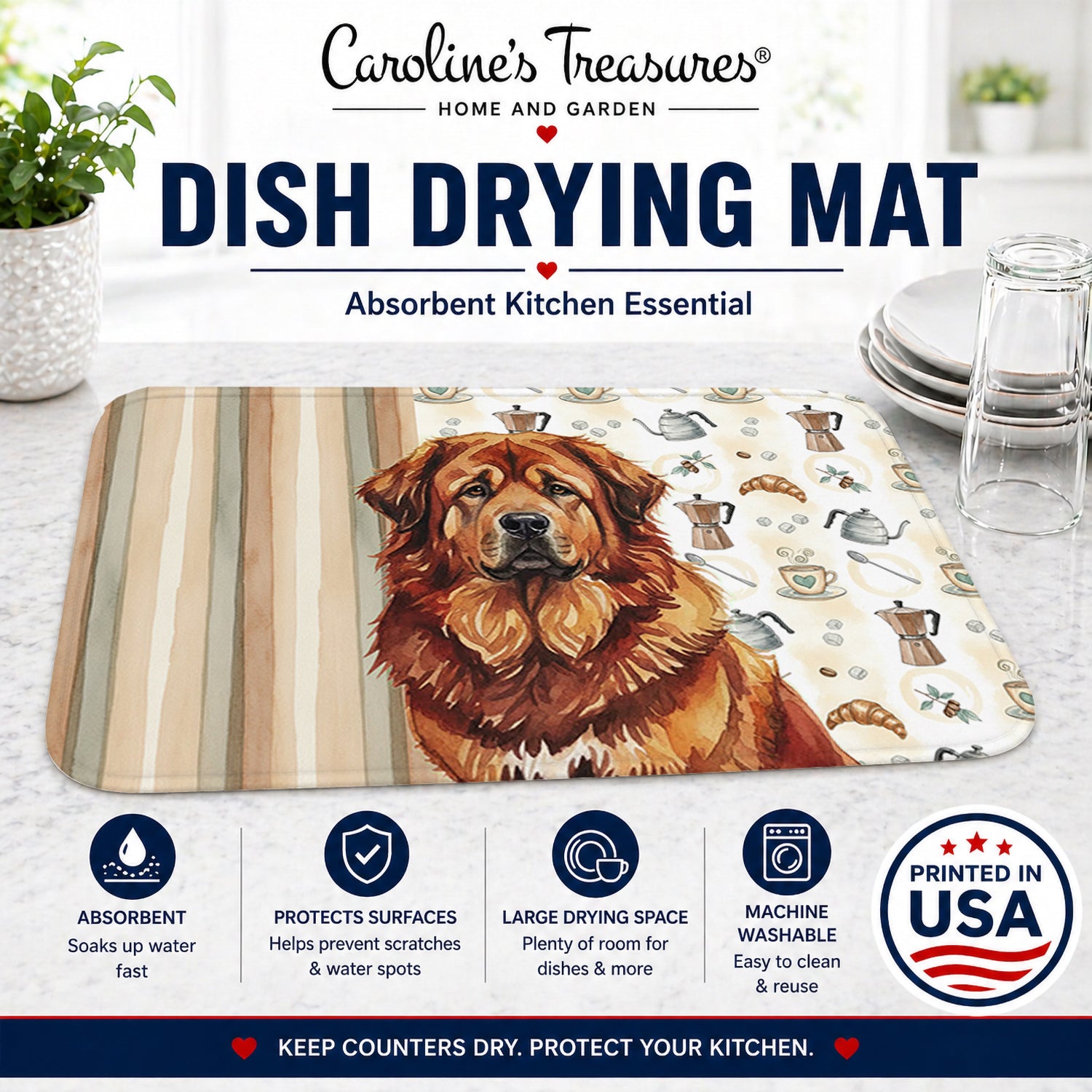 Red Gold Tibetan Mastiff Coffee Bar Dish Drying Mat Absorbent Dish Drying Mat Pad for Kitchen Counter Dish Drainer Mat for Countertop, 14 x 21", Multicolor