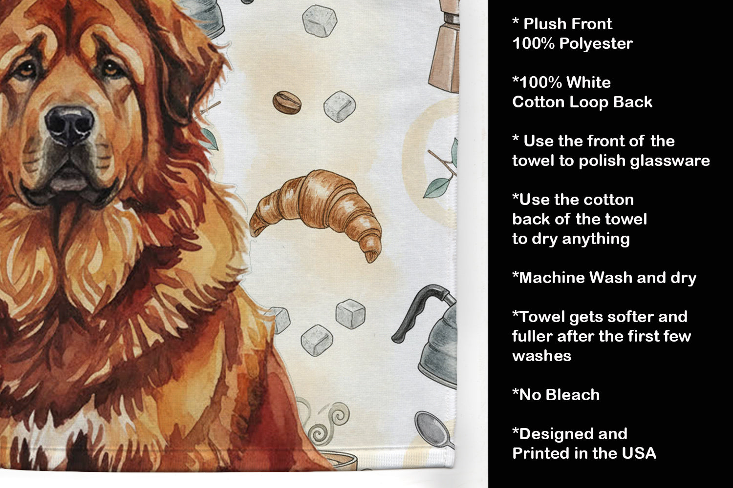 Red Gold Tibetan Mastiff Coffee Bar Kitchen Towel Velour Plush Front and Cotton Loop Back Machine Washable