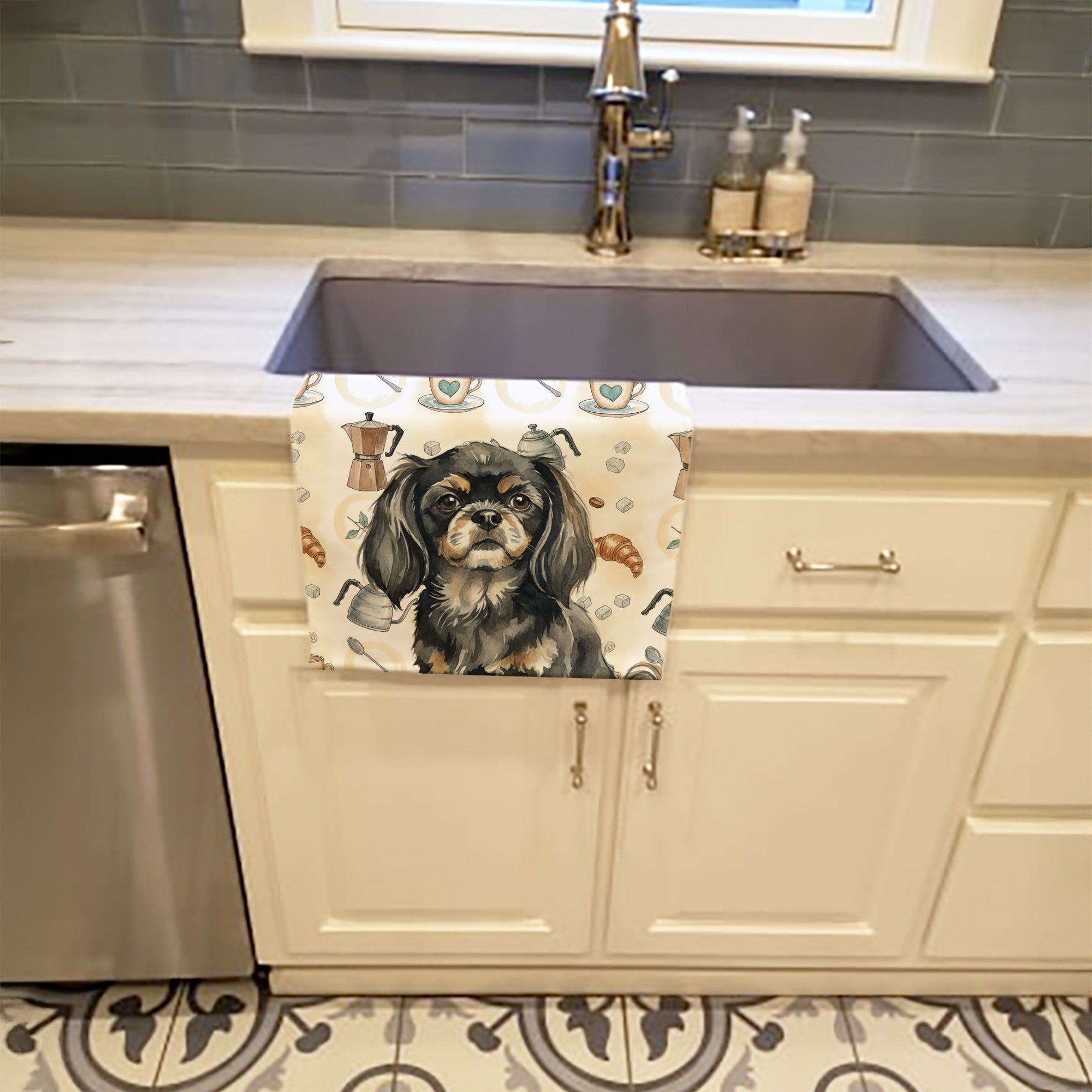 Black and Tan Tibetan Spaniel Coffee Bar Kitchen Towel Velour Plush Front and Cotton Loop Back Machine Washable