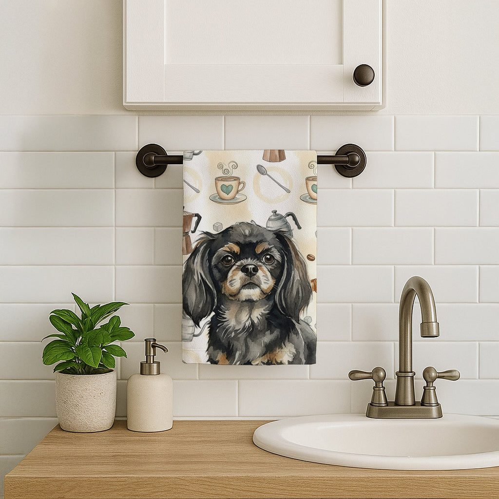 Black and Tan Tibetan Spaniel Coffee Bar Kitchen Towel Velour Plush Front and Cotton Loop Back Machine Washable