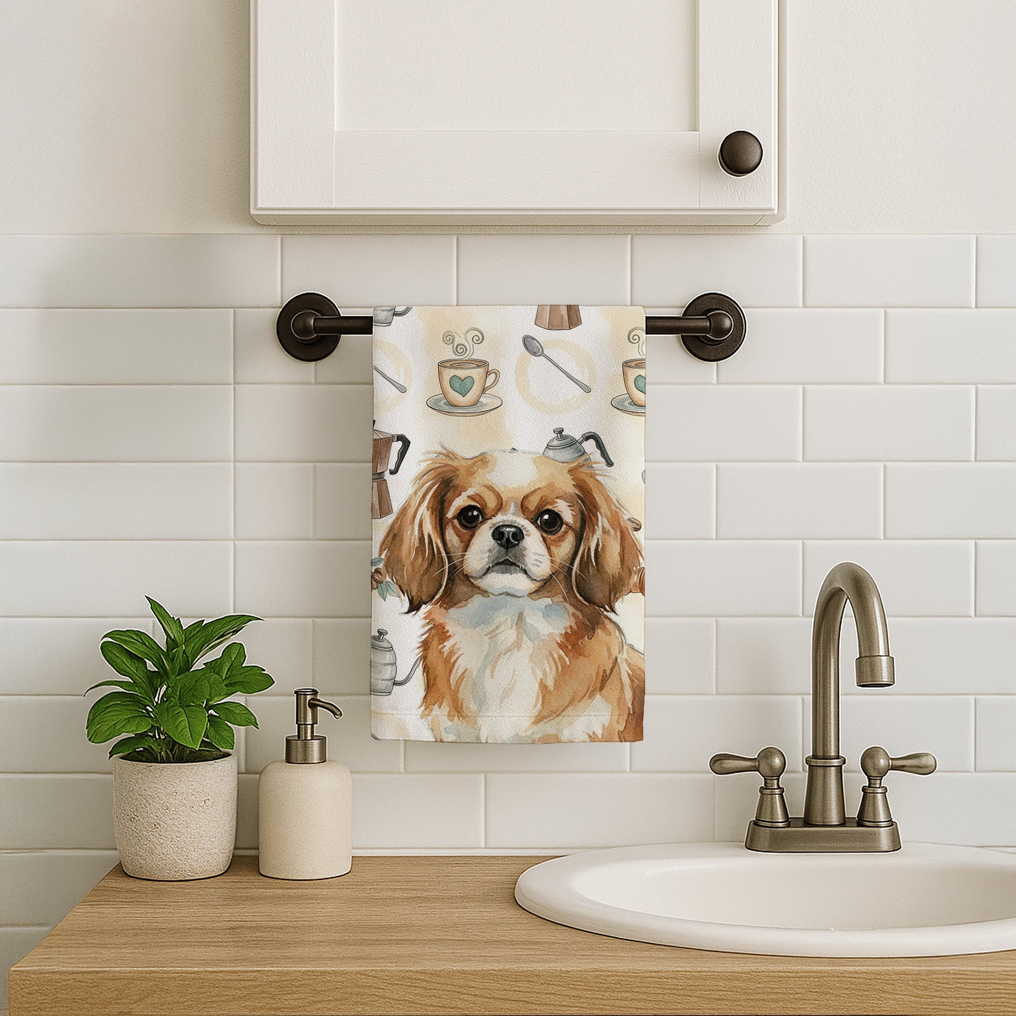 Tibetan Spaniel Coffee Bar Kitchen Towel Velour Plush Front and Cotton Loop Back Machine Washable