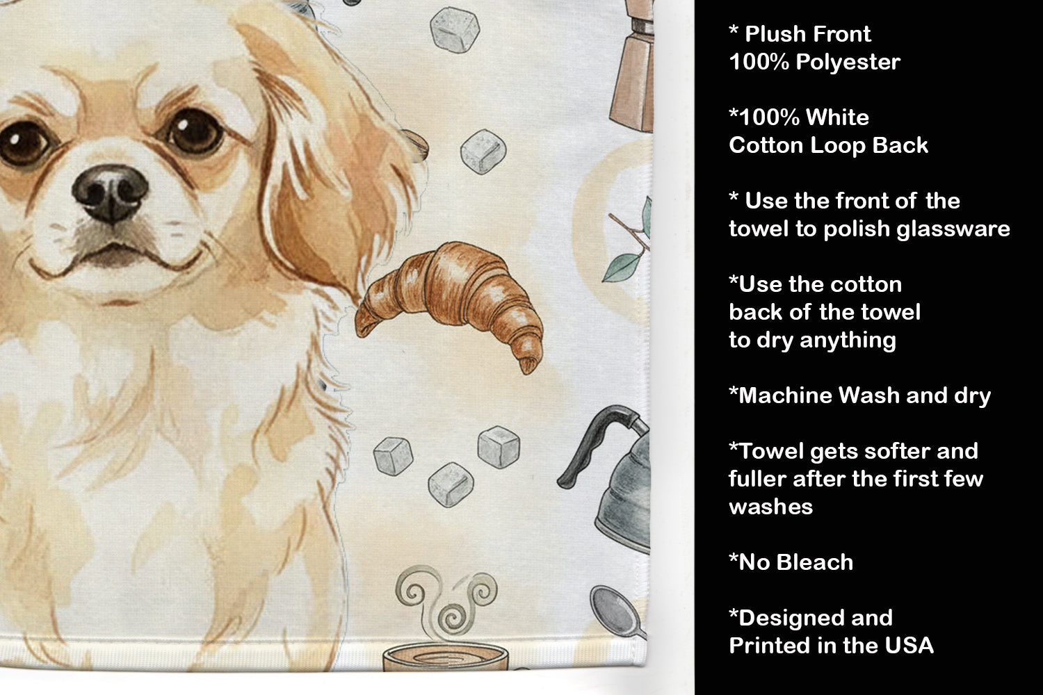 Cream Tibetan Spaniel Coffee Bar Kitchen Towel Velour Plush Front and Cotton Loop Back Machine Washable