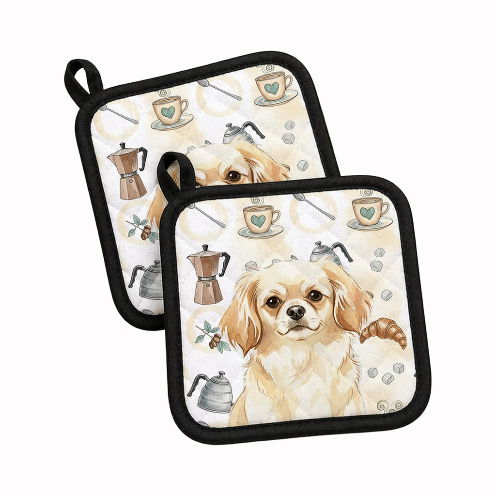 Cream Tibetan Spaniel Coffee Bar Pot Holder Set of 2 Heat Resistant Quilted Hot Pads 7.5 x 7.5 Inch, Insulated Kitchen Trivets for Cooking & Baking