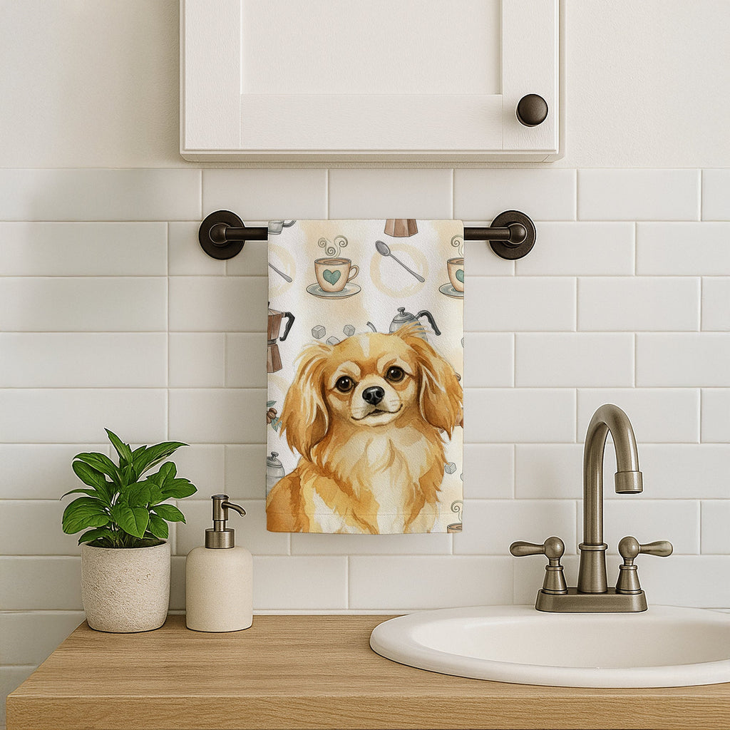 Gold Tibetan Spaniel Coffee Bar Kitchen Towel Velour Plush Front and Cotton Loop Back Machine Washable