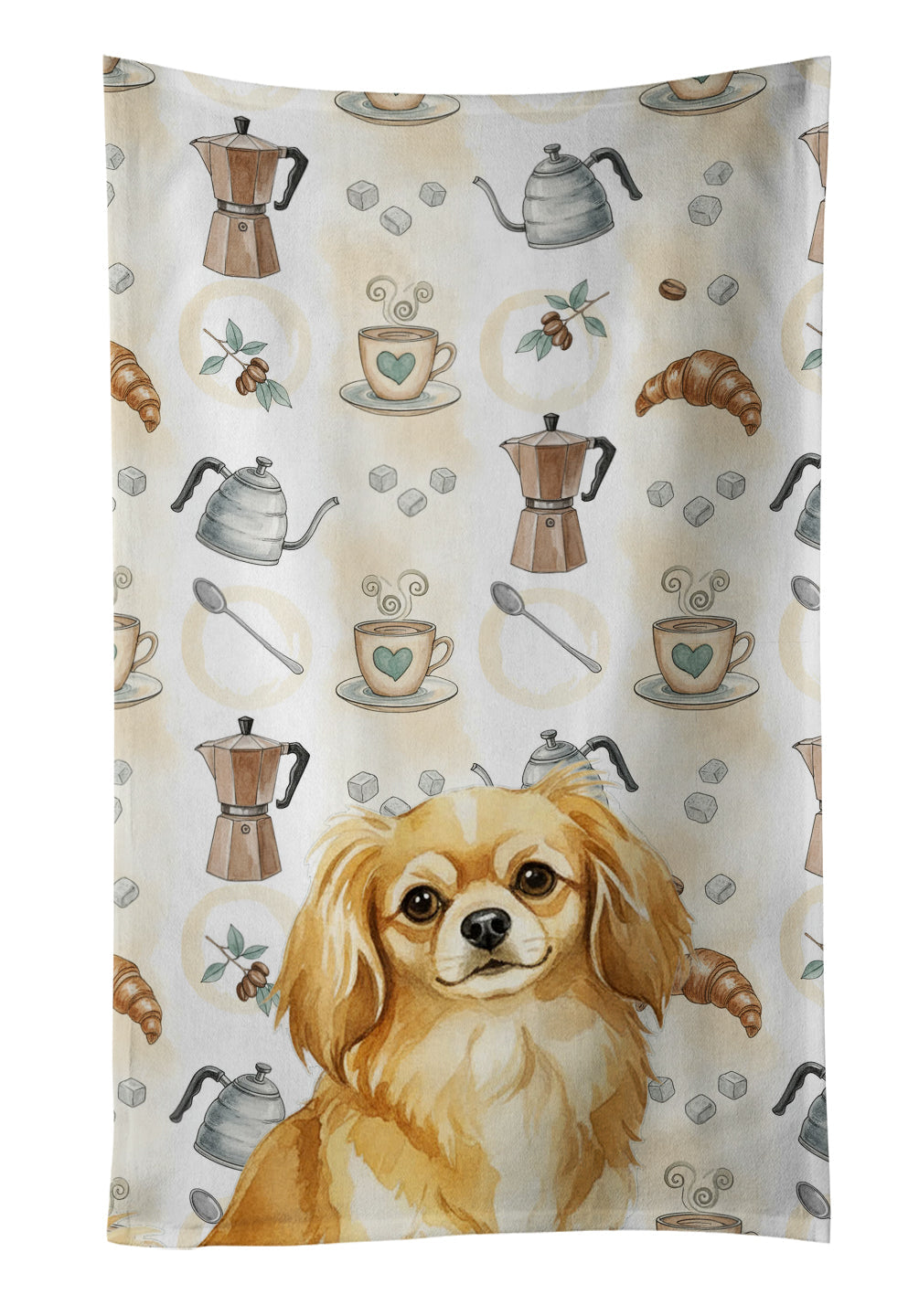 Gold Tibetan Spaniel Coffee Bar Kitchen Towel Velour Plush Front and Cotton Loop Back Machine Washable