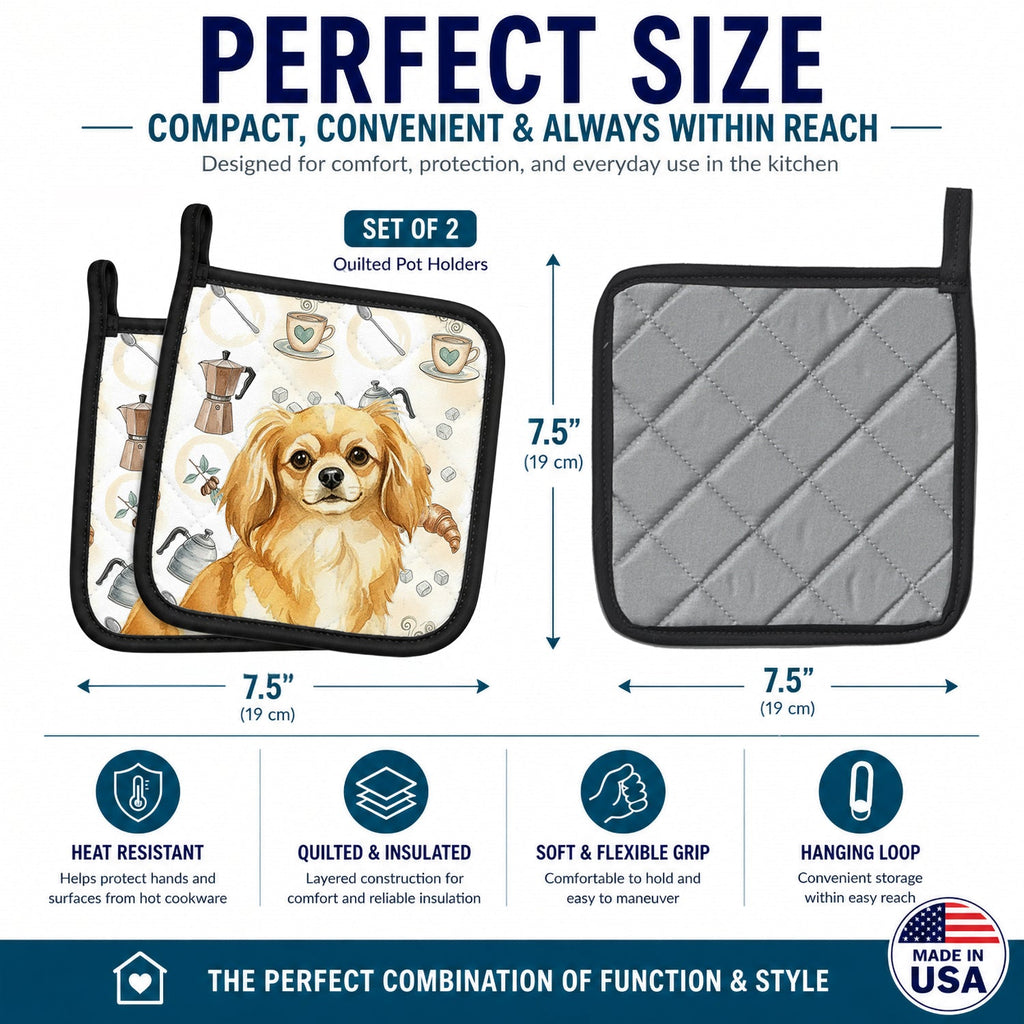 Gold Tibetan Spaniel Coffee Bar Pot Holder Set of 2 Heat Resistant Quilted Hot Pads 7.5 x 7.5 Inch, Insulated Kitchen Trivets for Cooking & Baking