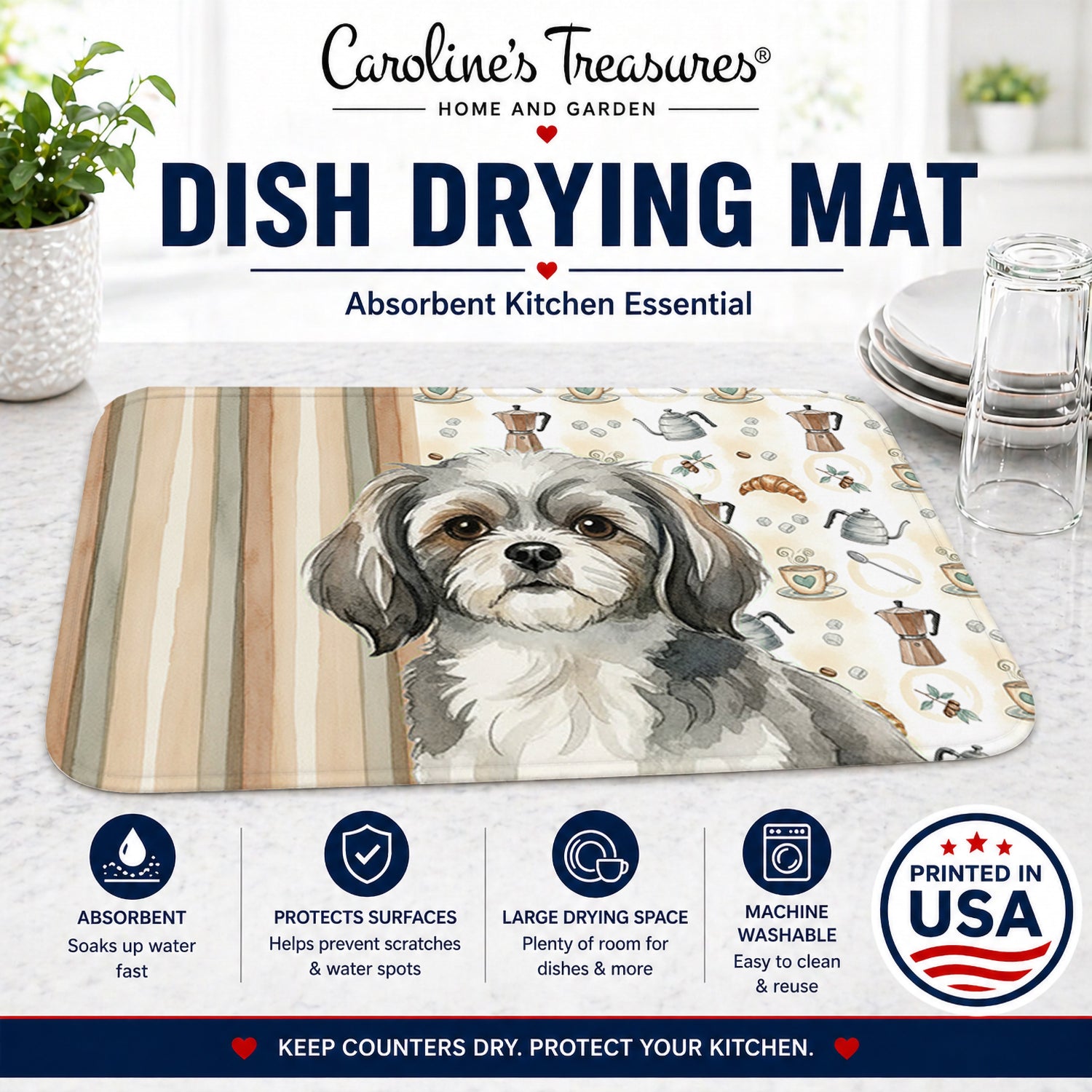 Grey and White Tibetan Spaniel Coffee Bar Dish Drying Mat Absorbent Dish Drying Mat Pad for Kitchen Counter Dish Drainer Mat for Countertop, 14 x 21", Multicolor