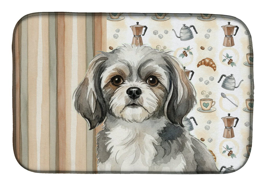 Grey and White Tibetan Spaniel Coffee Bar Dish Drying Mat Absorbent Dish Drying Mat Pad for Kitchen Counter Dish Drainer Mat for Countertop, 14 x 21", Multicolor