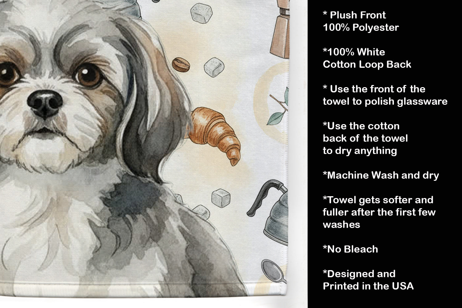 Grey and White Tibetan Spaniel Coffee Bar Kitchen Towel Velour Plush Front and Cotton Loop Back Machine Washable