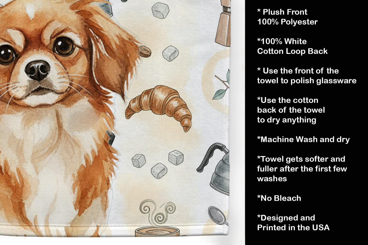 Red Tibetan Spaniel Coffee Bar Kitchen Towel Velour Plush Front and Cotton Loop Back Machine Washable