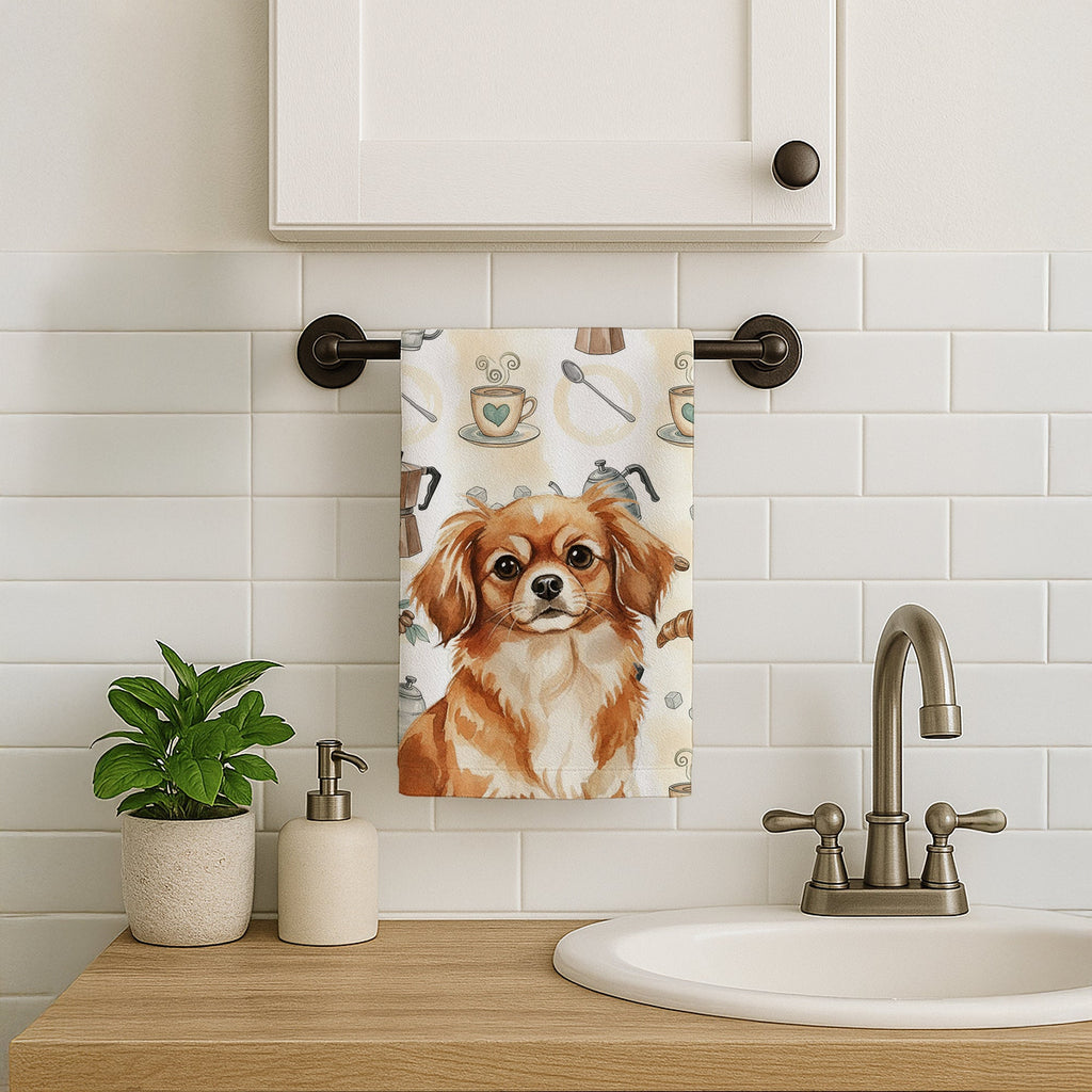Red Tibetan Spaniel Coffee Bar Kitchen Towel Velour Plush Front and Cotton Loop Back Machine Washable