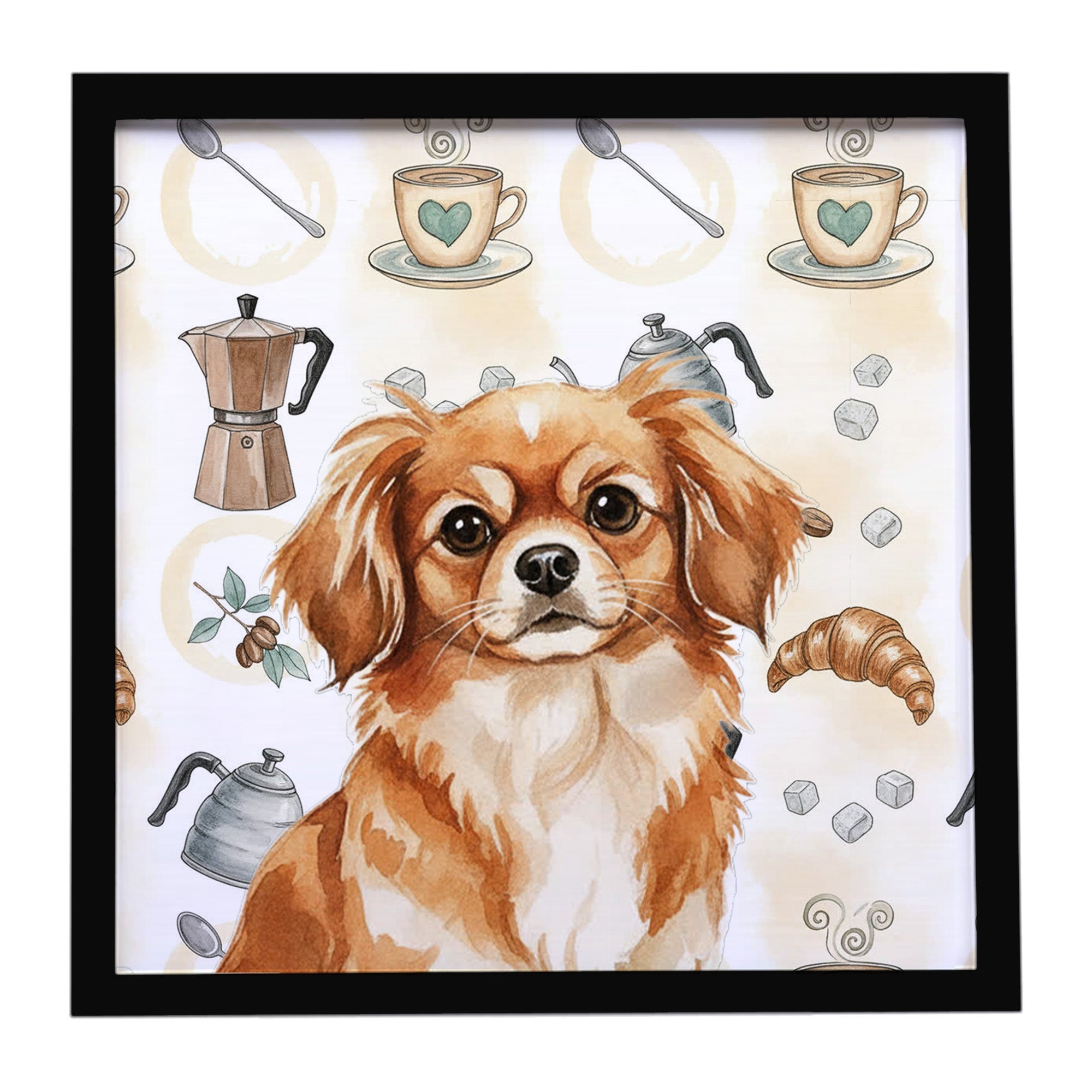 Red Tibetan Spaniel Coffee Bar Framed Metal Print Bathroom, Kitchen, Office, Home Decor Wall Art Ready to Hang, Square, 8X8