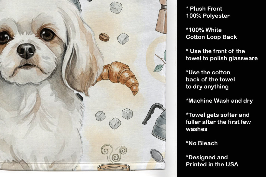 White Tibetan Spaniel Coffee Bar Kitchen Towel Velour Plush Front and Cotton Loop Back Machine Washable