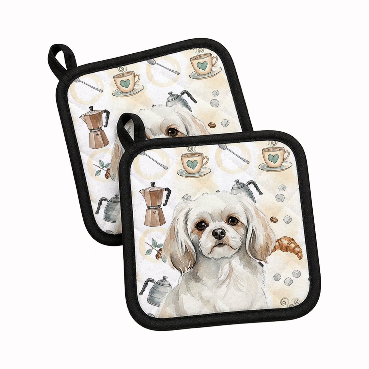 White Tibetan Spaniel Coffee Bar Pot Holder Set of 2 Heat Resistant Quilted Hot Pads 7.5 x 7.5 Inch, Insulated Kitchen Trivets for Cooking & Baking