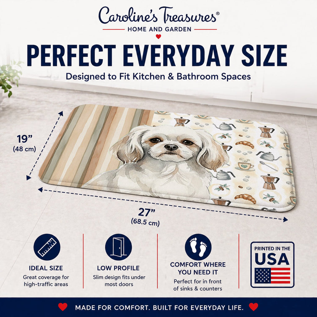 White Tibetan Spaniel Coffee Bar Memory Foam Kitchen Mat Machine Washable Anti-Fatigue Cushion Comfort Bath or Kitchen Rug