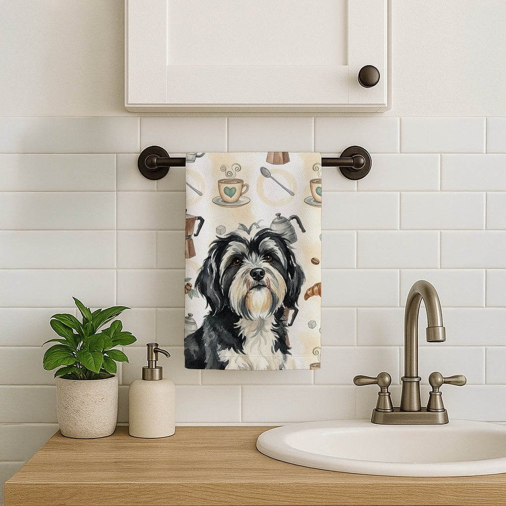 Black and White Tibetan Terrier Coffee Bar Kitchen Towel Velour Plush Front and Cotton Loop Back Machine Washable