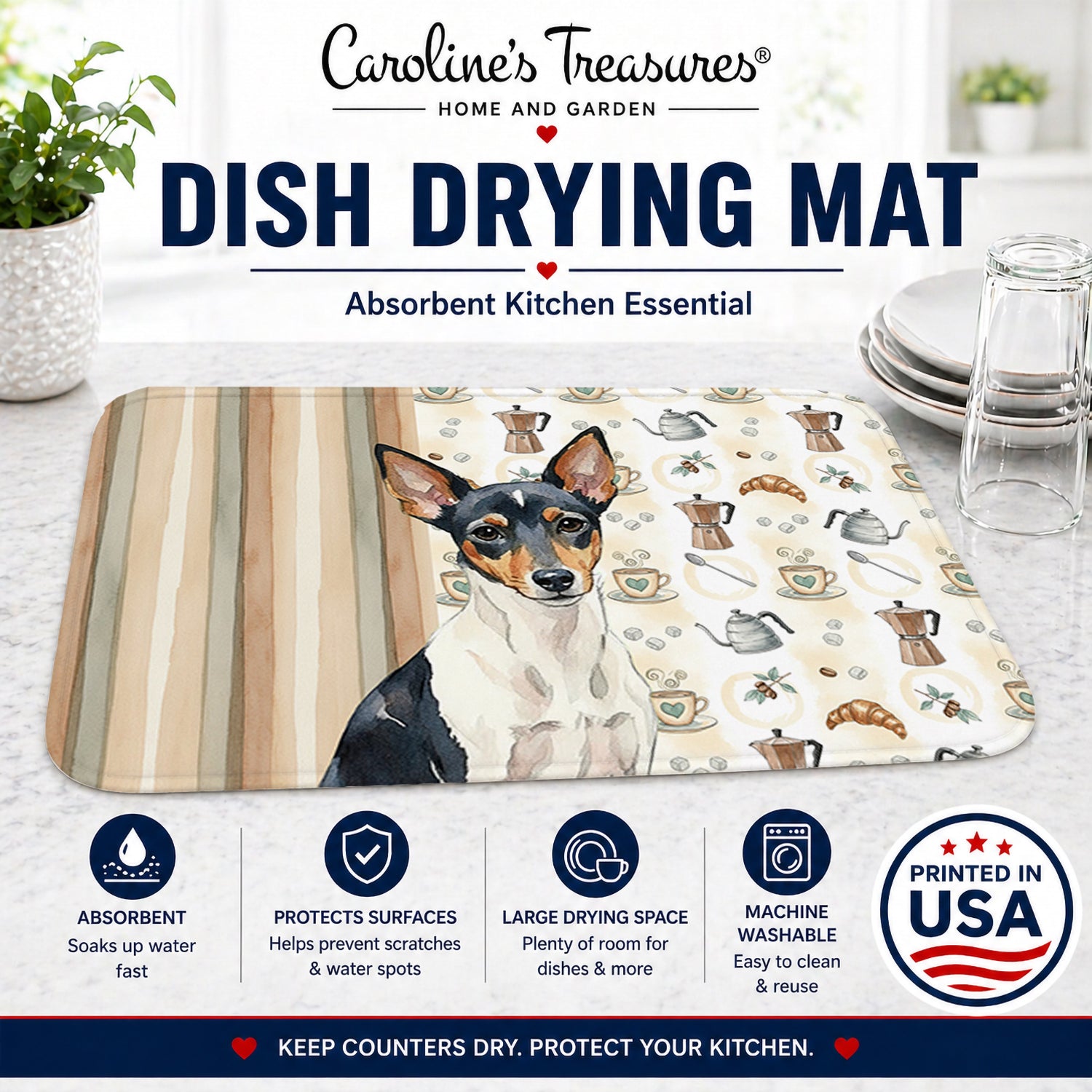 Toy Fox Terrier Coffee Bar Dish Drying Mat Absorbent Dish Drying Mat Pad for Kitchen Counter Dish Drainer Mat for Countertop, 14 x 21", Multicolor