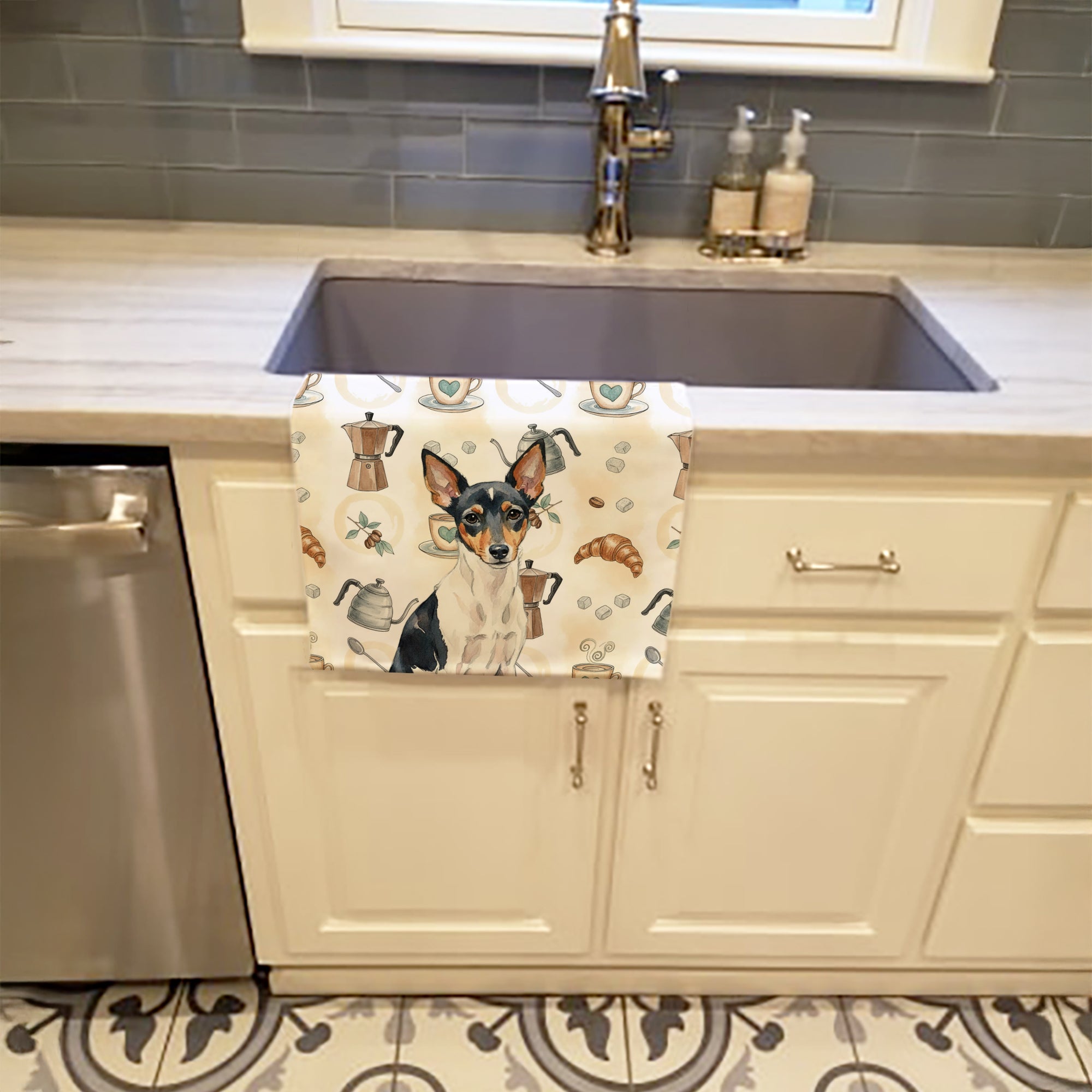 Toy Fox Terrier Coffee Bar Kitchen Towel Velour Plush Front and Cotton Loop Back Machine Washable
