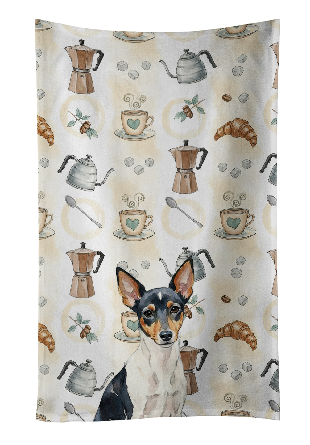Toy Fox Terrier Coffee Bar Kitchen Towel Velour Plush Front and Cotton Loop Back Machine Washable