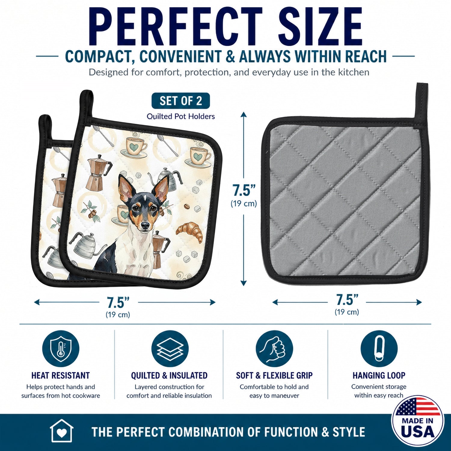 Toy Fox Terrier Coffee Bar Pot Holder Set of 2 Heat Resistant Quilted Hot Pads 7.5 x 7.5 Inch, Insulated Kitchen Trivets for Cooking & Baking