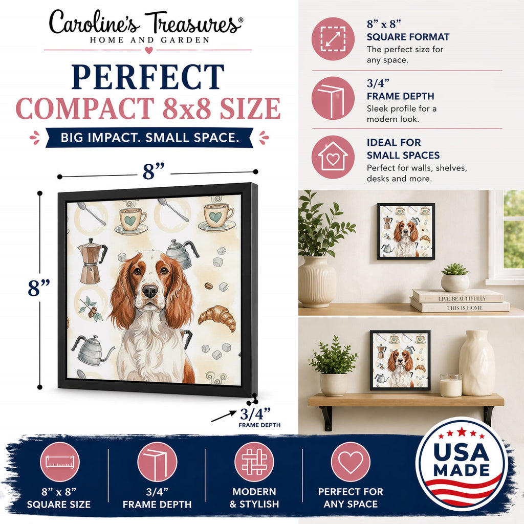 Welsh Springer Spaniel Coffee Bar Framed Metal Print Bathroom, Kitchen, Office, Home Decor Wall Art Ready to Hang, Square, 8X8