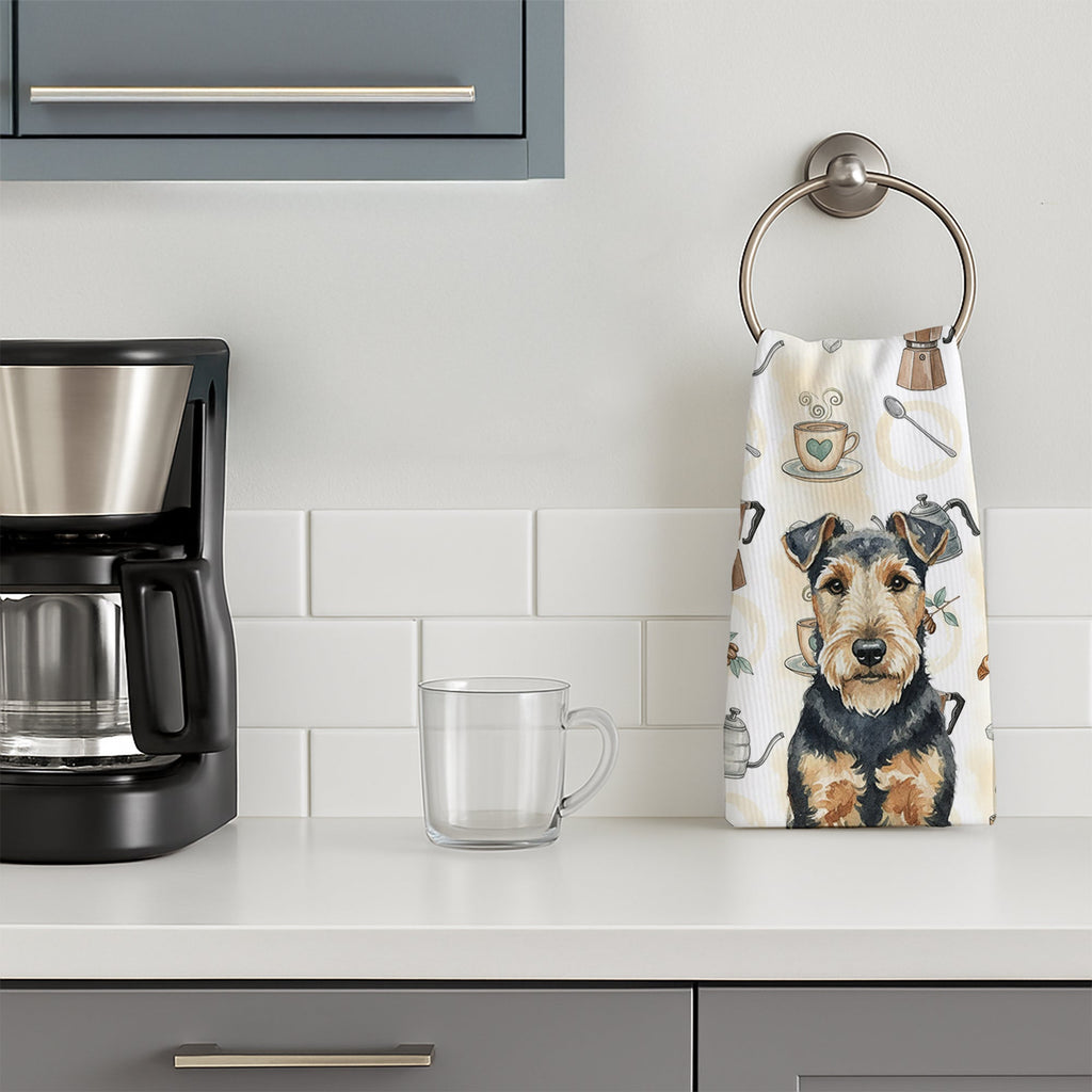 Welsh Terrier Coffee Bar Kitchen Towel Velour Plush Front and Cotton Loop Back Machine Washable